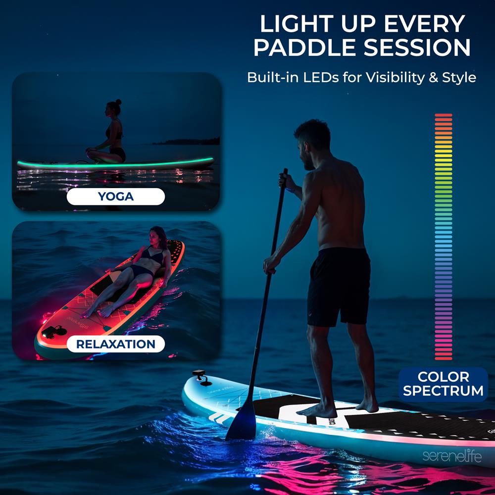 Inflatable Stand Up Paddle Board with LED Lights - Lightweight SUP for Lakes, Rivers & Ocean - Perfect for Night Paddling, Yoga & Fishing