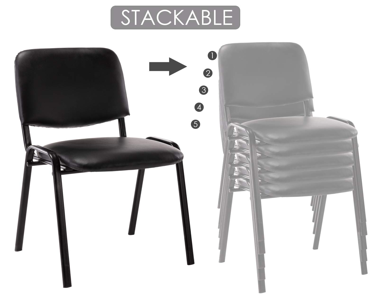 10 Pack Stackable PU Leather Waiting Room Chairs - Black Conference & Office Guest Chairs Set for Reception, Lobby, Breakroom, Church, School, Events, Hotel & Hall - Space-Saving Seating Solution for High-Traffic Areas