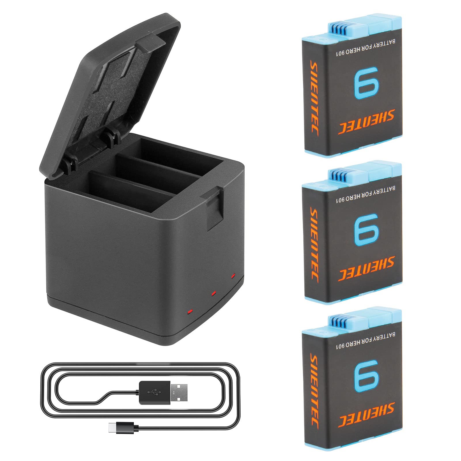 Shentec AHDBT-901 3-Pack Replacement Batteries & 3-Channel Fast Charger for GoPro Hero 9/8/7/6 - Compatible with SPBL1B Fully Decoded Battery - Perfect for Travel, Vlogging & Outdoor Adventures