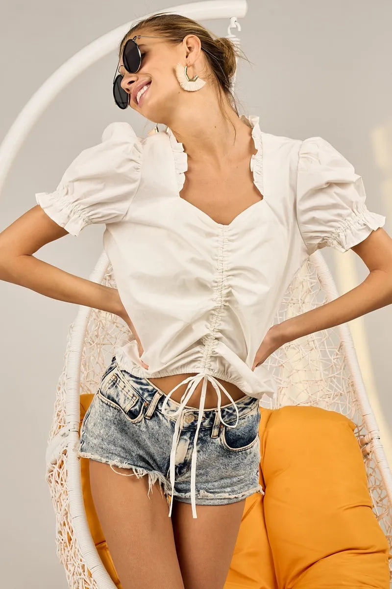 BiBi Ruffled Square Neck Front Ruched Puff Sleeve Blouse - Elegant Women's Fashion Top for Office, Date Night & Special Occasions