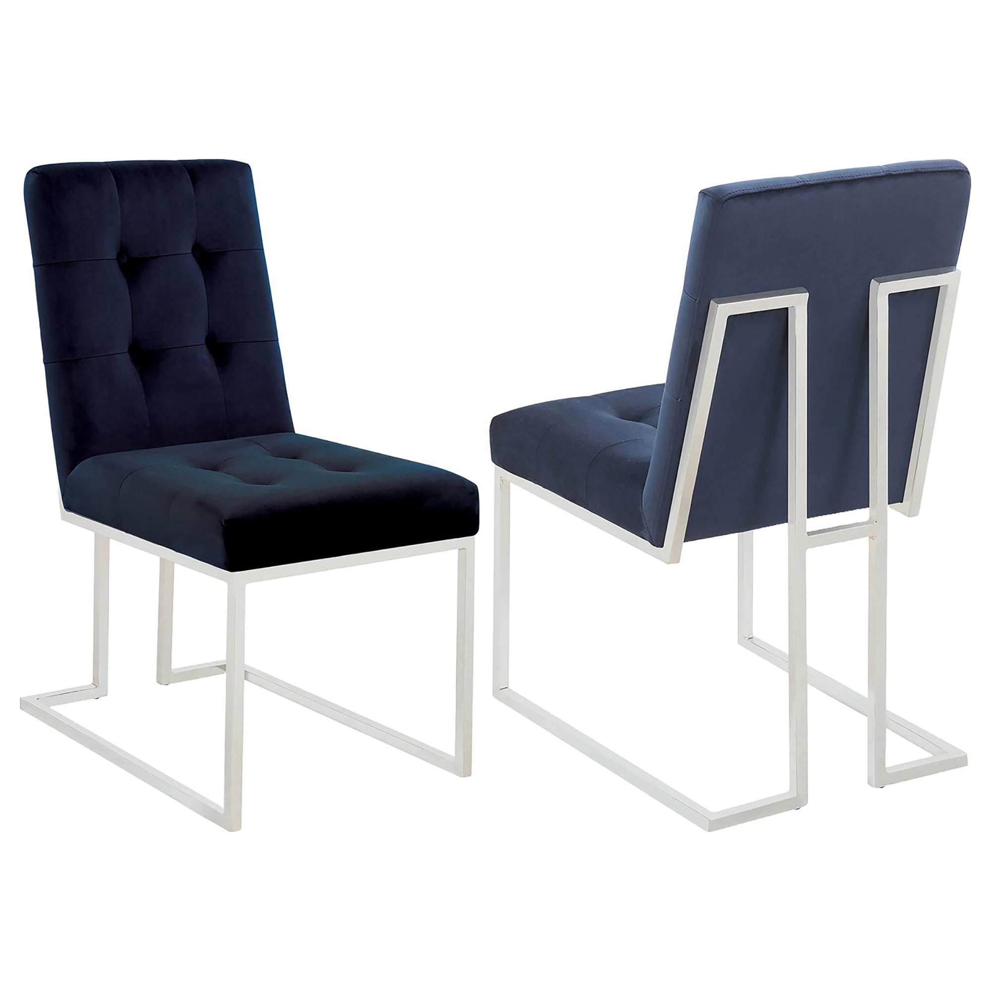 Blue and Chrome Tufted Back Dining Chairs (Set of 2) - Modern Upholstered Kitchen Chairs for Dining Room, Restaurant, or Office - Comfortable & Stylish Seating Solution