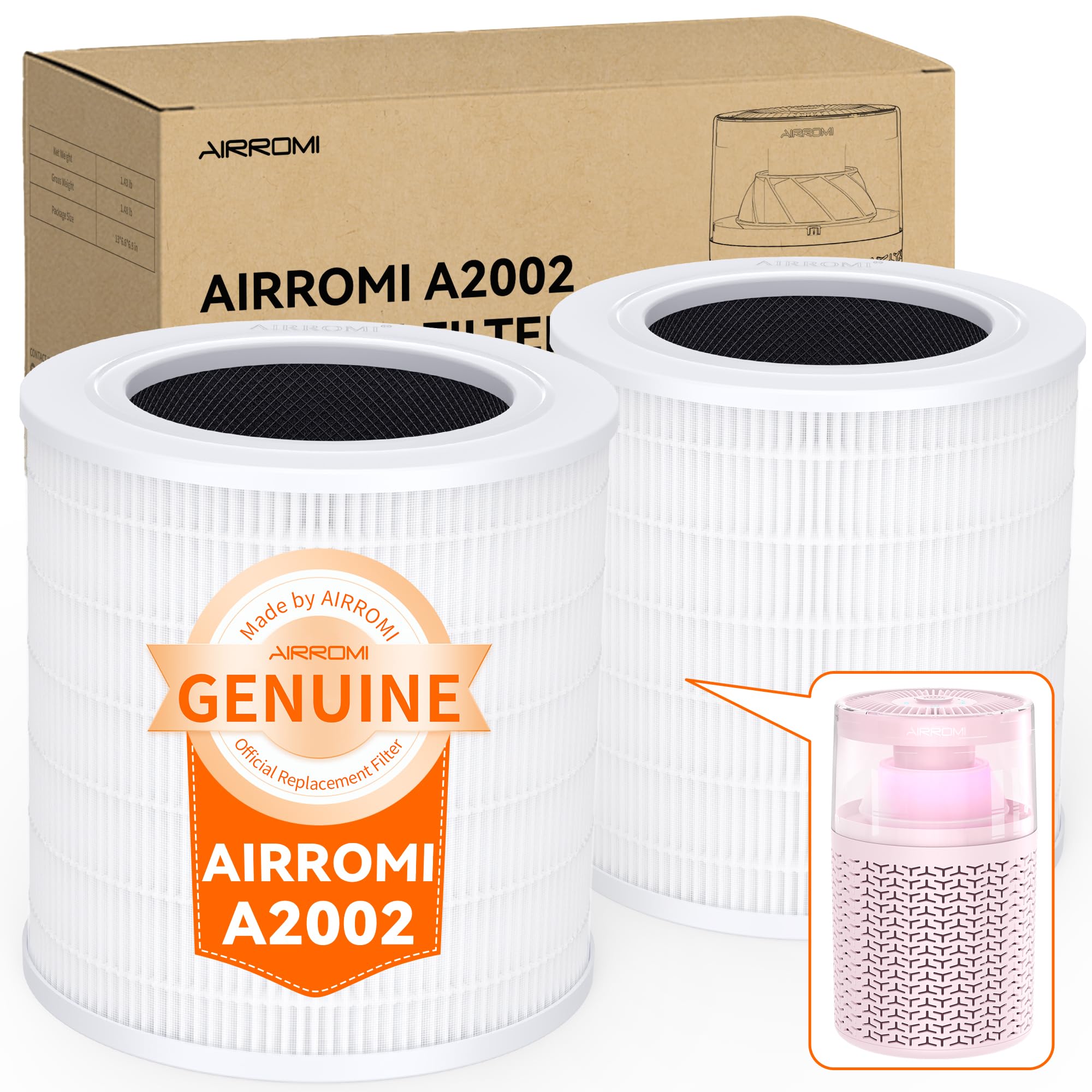 AIRROMI A2002 HEPA Air Purifier Replacement Filter - 3-in-1 Original Filter for Dust, Pollen & Pet Dander - 99.97% Removal of 0.3 Micron Particles - 2 Pack White Activated Carbon Filters - Perfect for Home, Office & Nursery Use