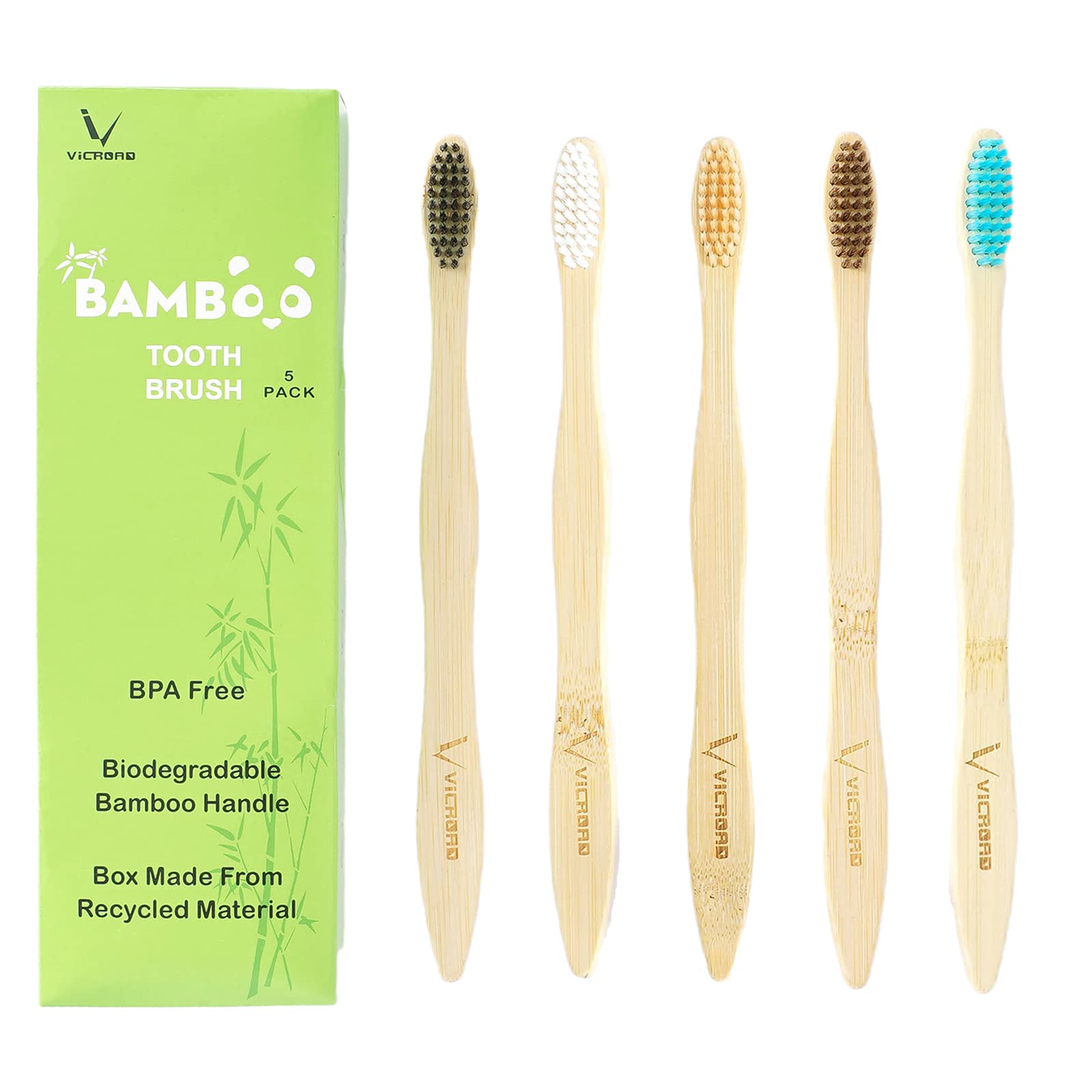 VICROAD Eco-Friendly Bamboo Toothbrushes for Adults - 5 Pack BPA Free Soft Bristles, Natural Biodegradable & Compostable with Organic Charcoal - Perfect for Travel, Home & Zero Waste Lifestyle
