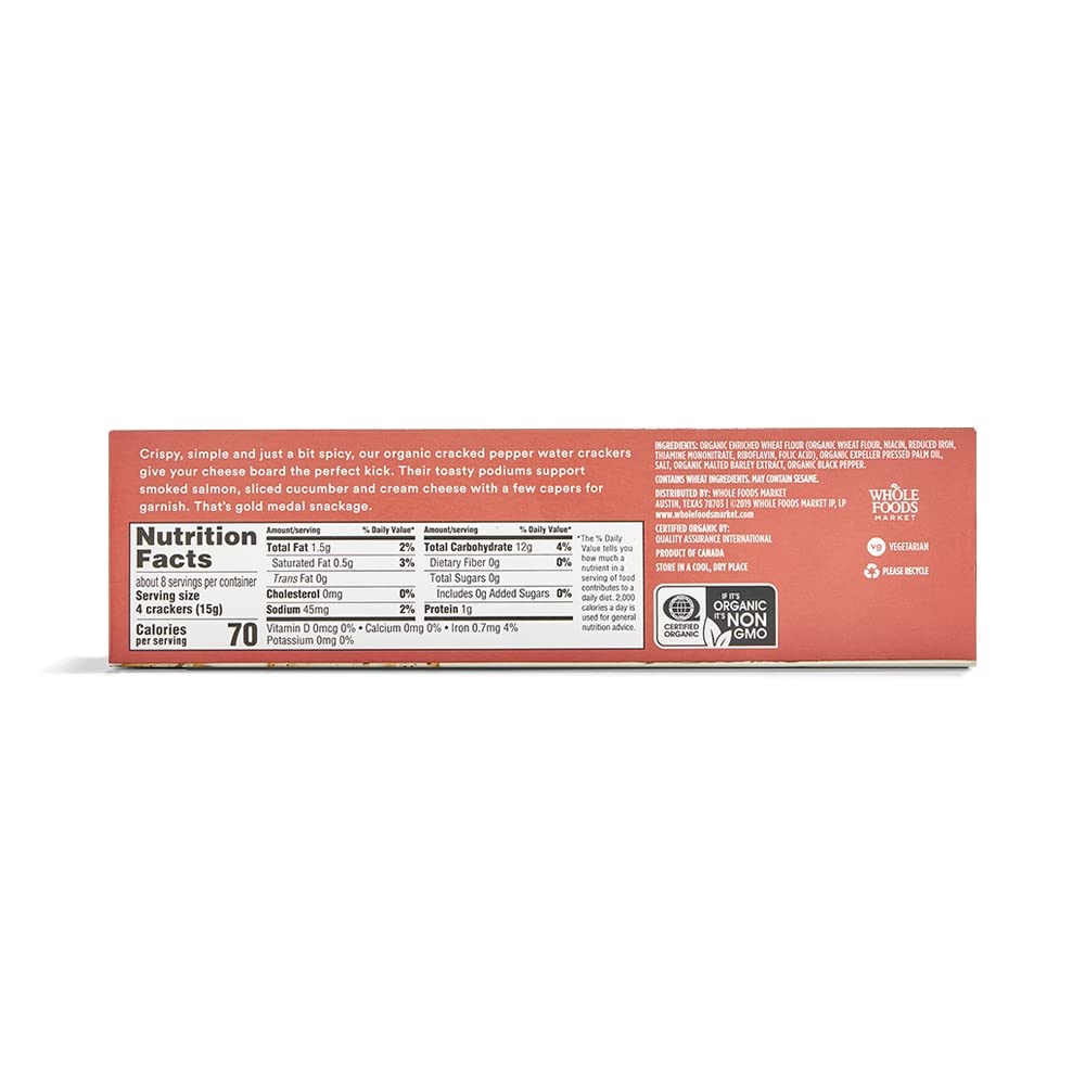 365 by Whole Foods Market Organic Cracked Pepper Water Crackers, 4.4 oz - Gluten-Free Snacks for Parties, Cheese Pairing & Healthy Eating