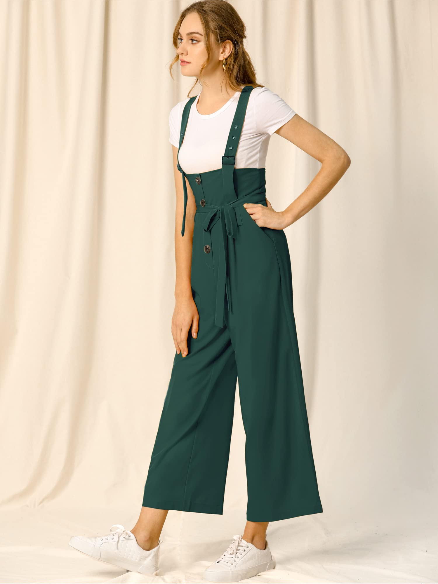 Allegra K Women's High Waist Wide Leg Belted Jumpsuit with Buttons - Stylish Long Overalls for Casual Wear, Office Outfits & Spring Fashion