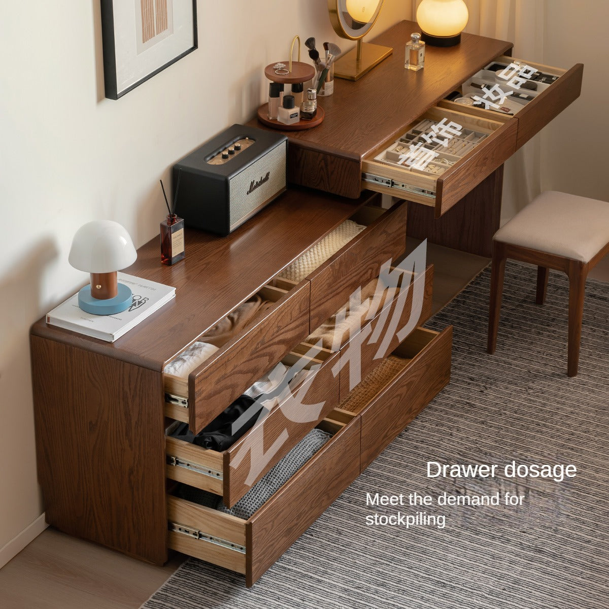 Vintage Oak Solid Wood Extendable Dressing Table - Elegant Vanity Desk with Mirror for Bedroom, Makeup & Beauty Organization