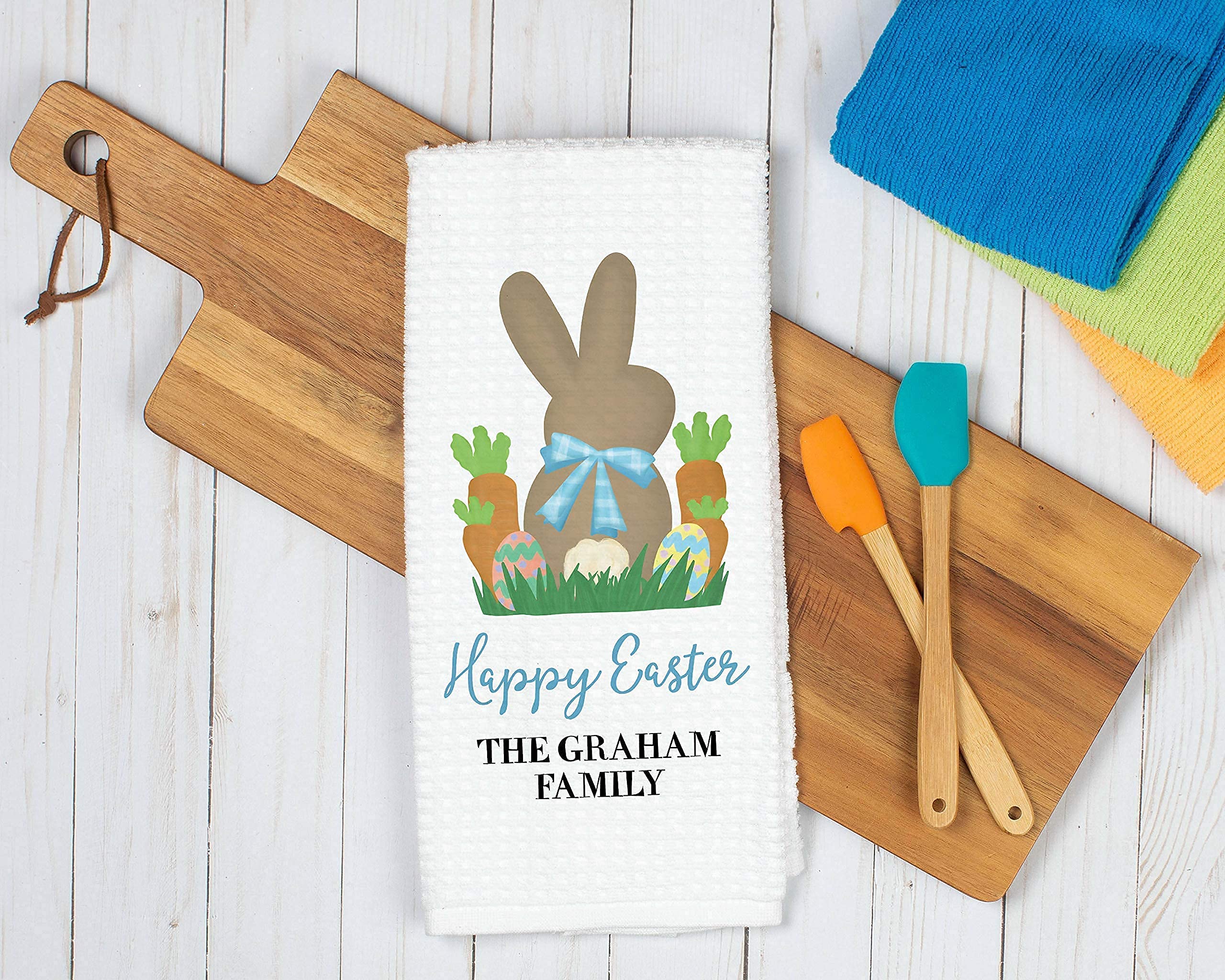 Personalized Happy Easter Waffle Weave Dish Towel - Custom Monogrammed Kitchen Towel Set for Spring Decor, Housewarming Gift & Holiday Kitchen Decorations - Perfect for Easter Brunch, Spring Cleaning & Farmhouse Style Kitchens