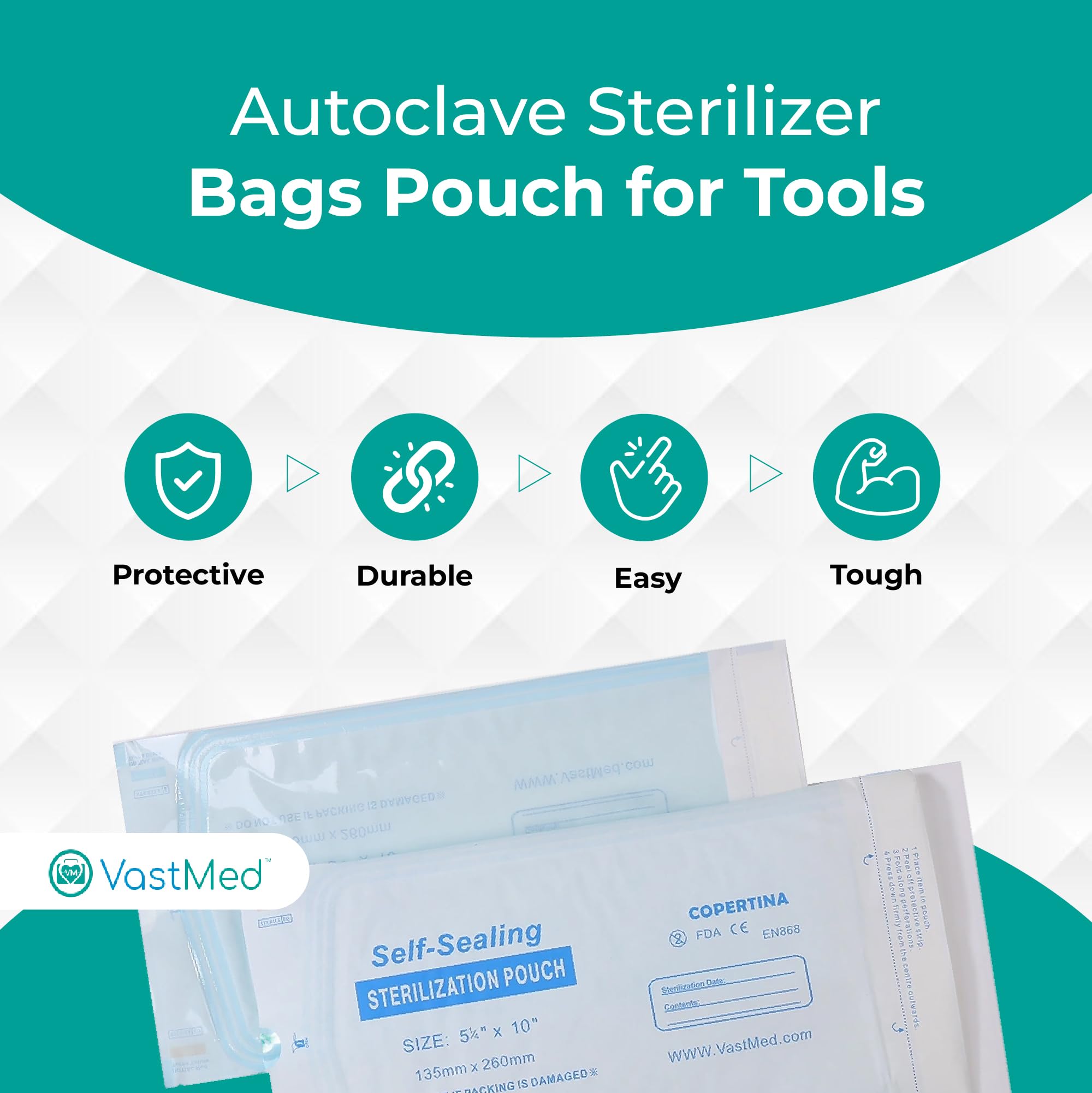 VASTMED Self Seal Sterilization Pouches with Dual Indicators - 5.25x10