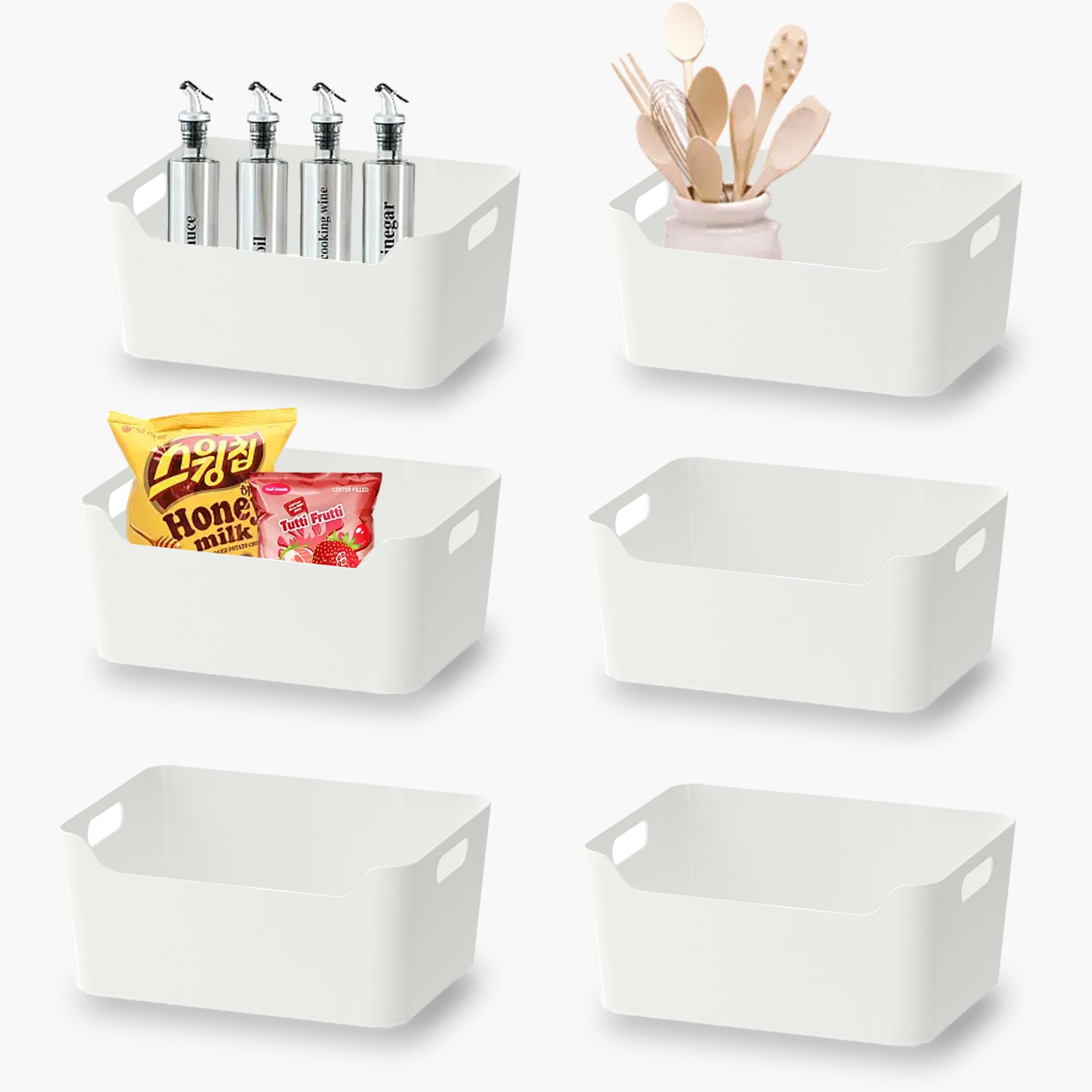 AJbells White Plastic Storage Baskets - 6 Pack (9.45”x6.69”x3.94”) Open Pantry Organizer Bins for Kitchen, Bathroom, Classroom, Office, School & Shelves - Space Saving Storage Solution for Home Organization