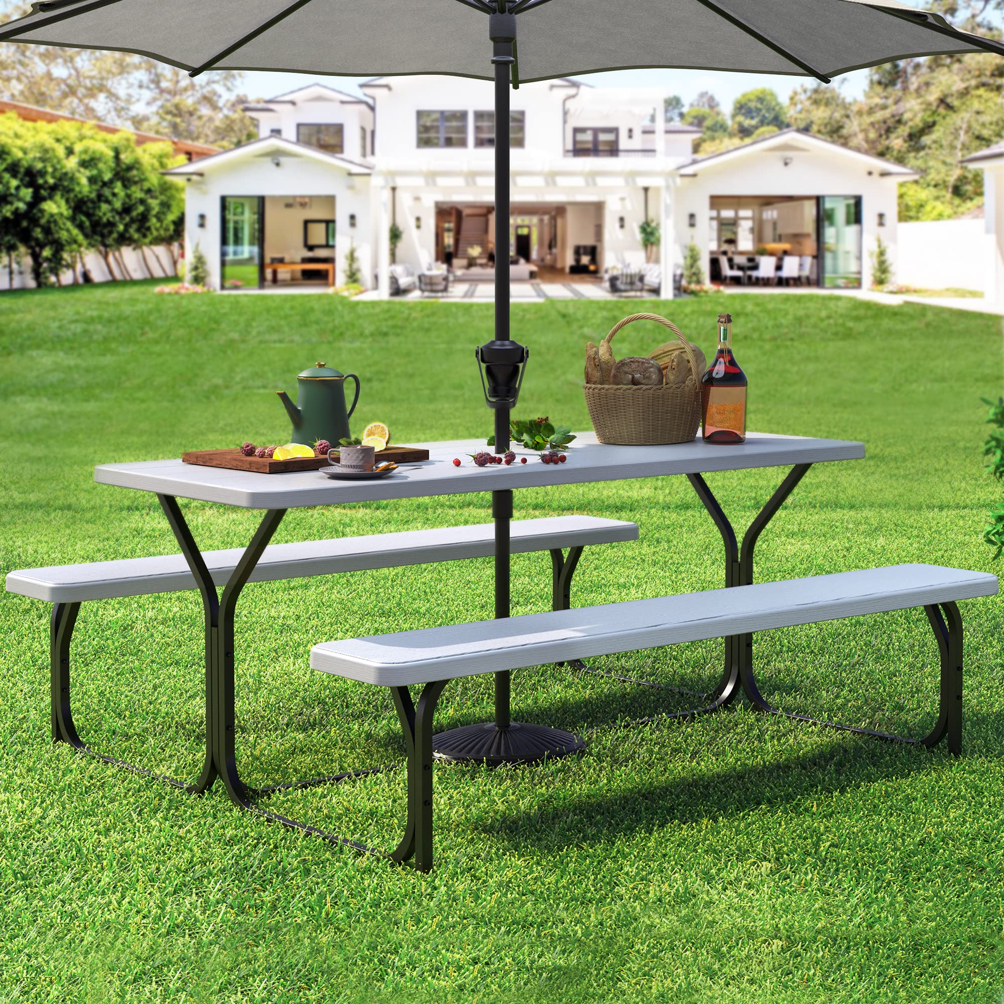 YITAHOME 6ft Heavy Duty Outdoor Picnic Table with Benches - Resin Tabletop & Sturdy Steel Frame - Includes Umbrella Hole - Perfect for Backyard, Patio, Lawn, Garden Parties & Outdoor Gatherings (White)
