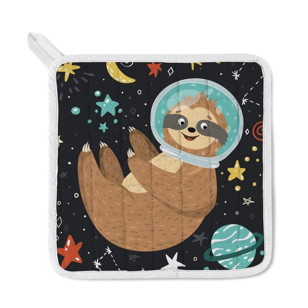 Kuizee 3-Piece Kitchen Apron Set - Cute Sloth Astronaut Cartoon Design, Funny Space-Themed Pot Holder, Apron & Oven Mitts for Cooking, Baking & BBQ - Perfect Gift for Home Chefs & Grill Masters