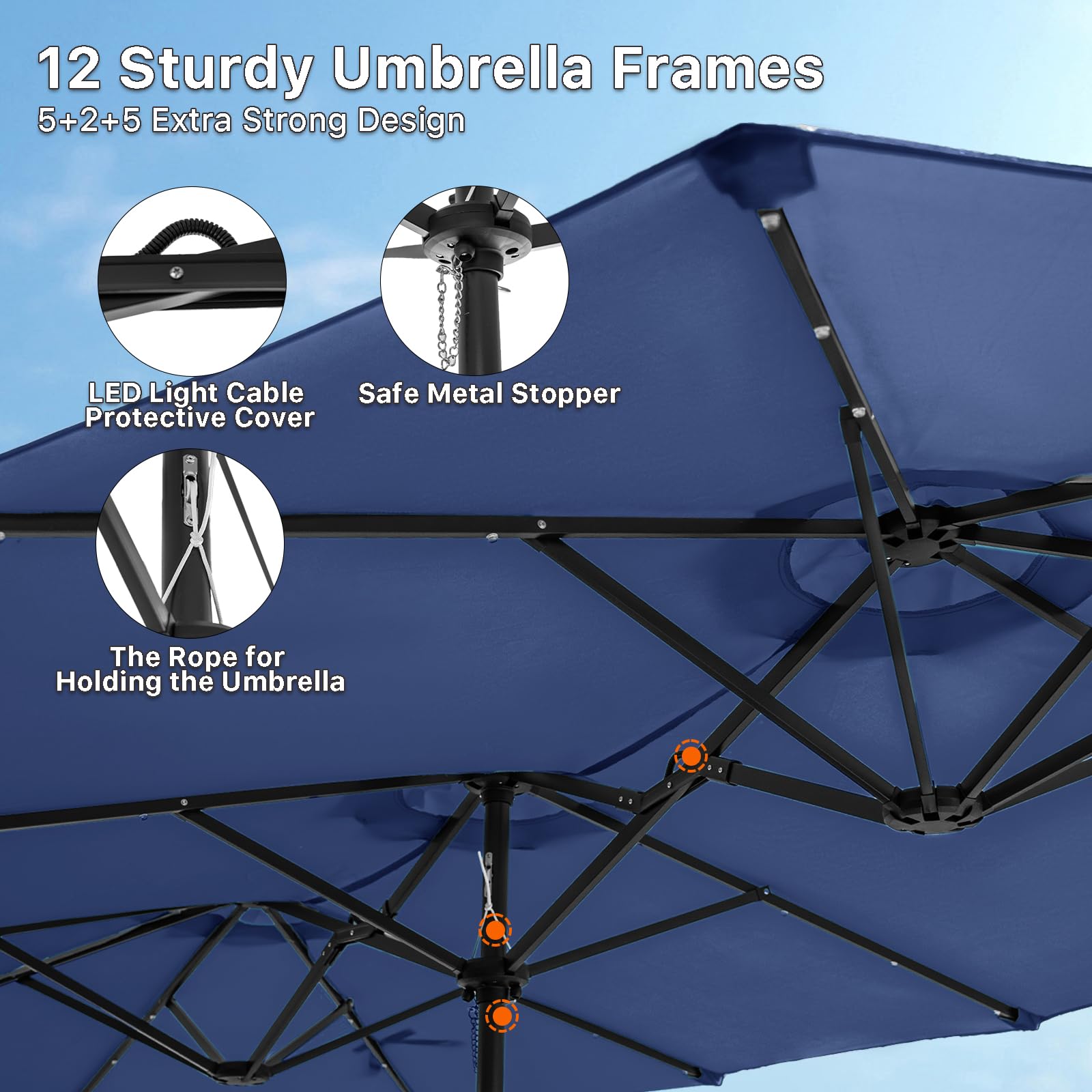 FREE SOLDIER 13ft Solar LED Patio Umbrella with 36 Lights - Double Sided Outdoor Table Umbrella for Garden, Yard, Pool - Navy Blue | Perfect for Backyard BBQs, Beach Parties & Outdoor Dining