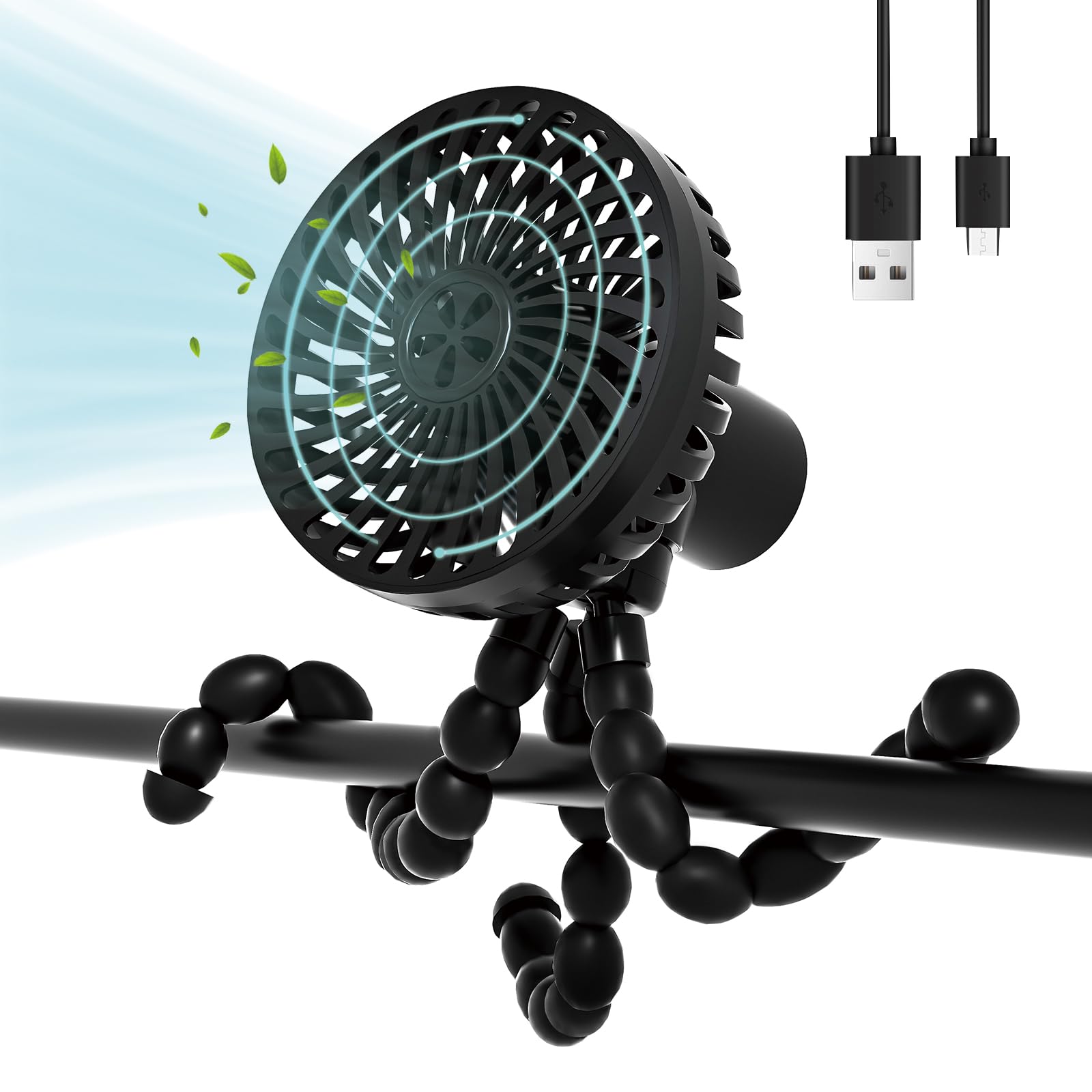 Portable Stroller Fan with 0.2 Inch Safe Gap - 3 Speed Quiet USB Rechargeable Handheld Fan, 3000mAh Battery Operated Personal Cooling Fan for Baby Stroller, Car Seat, Travel, Camping & Outdoor Activities (Black)