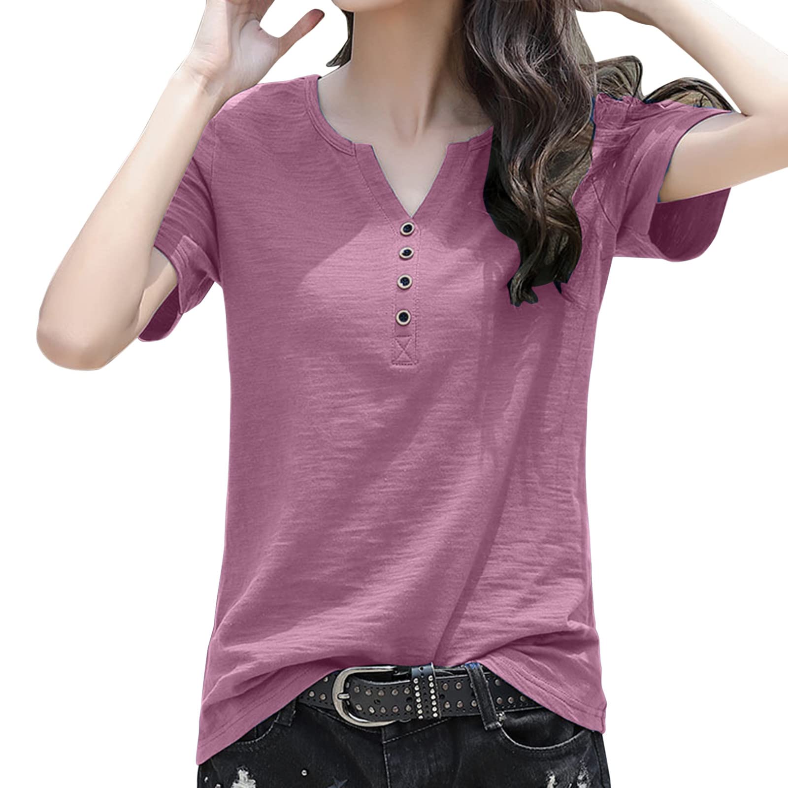 Women's Summer Short Sleeve Printed T-Shirt - Fashion Casual Button Neck Blouse | Trendy Ladies Top for Beach, Travel & Everyday Wear