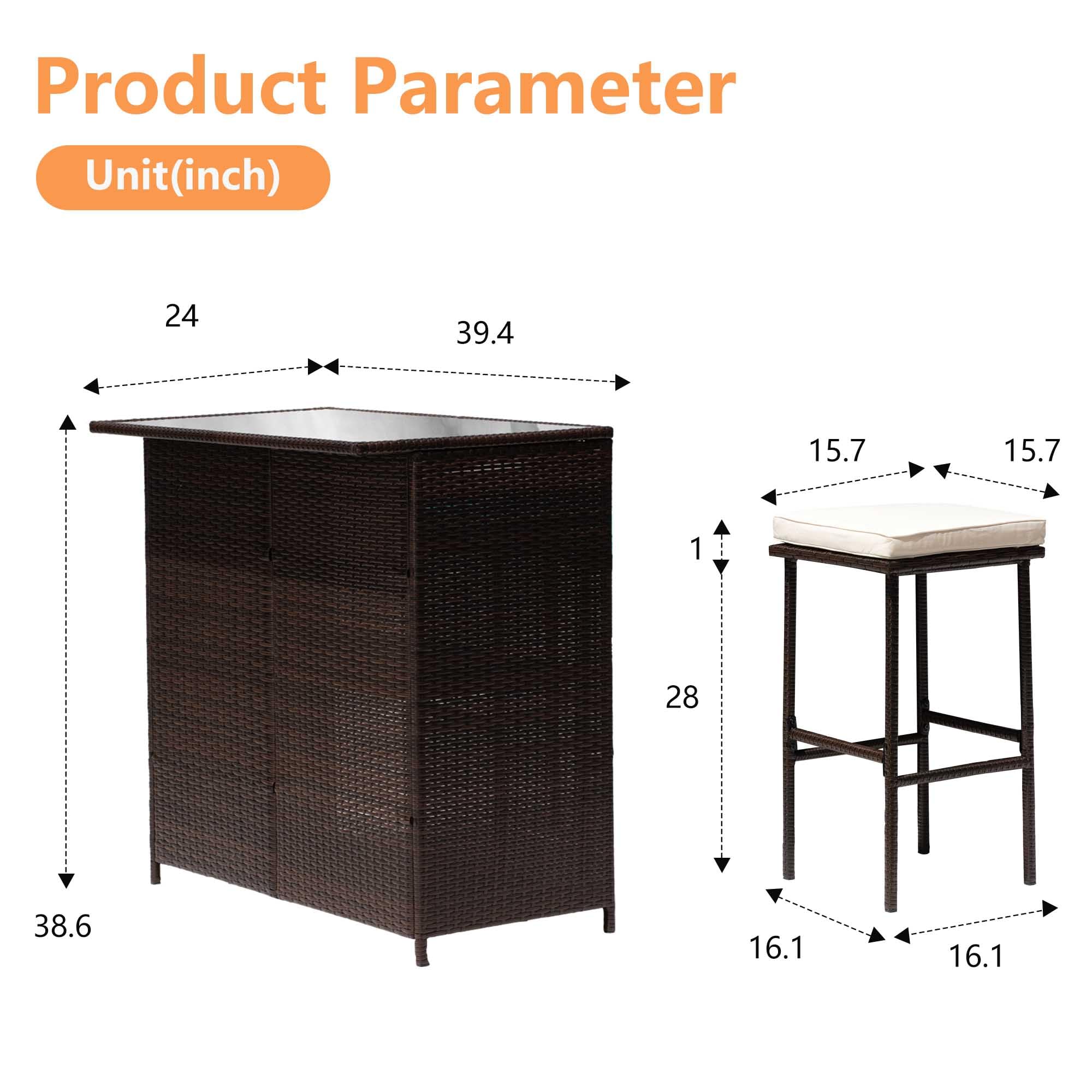Premium 3-Piece Rattan Bar Set - Patio Wicker Bistro Table with 2 Bar Stools, Tempered Glass Top & Storage Shelves for Outdoor/Indoor Use - Perfect for Poolside, Porch, Garden & Backyard Entertaining (Khaki)