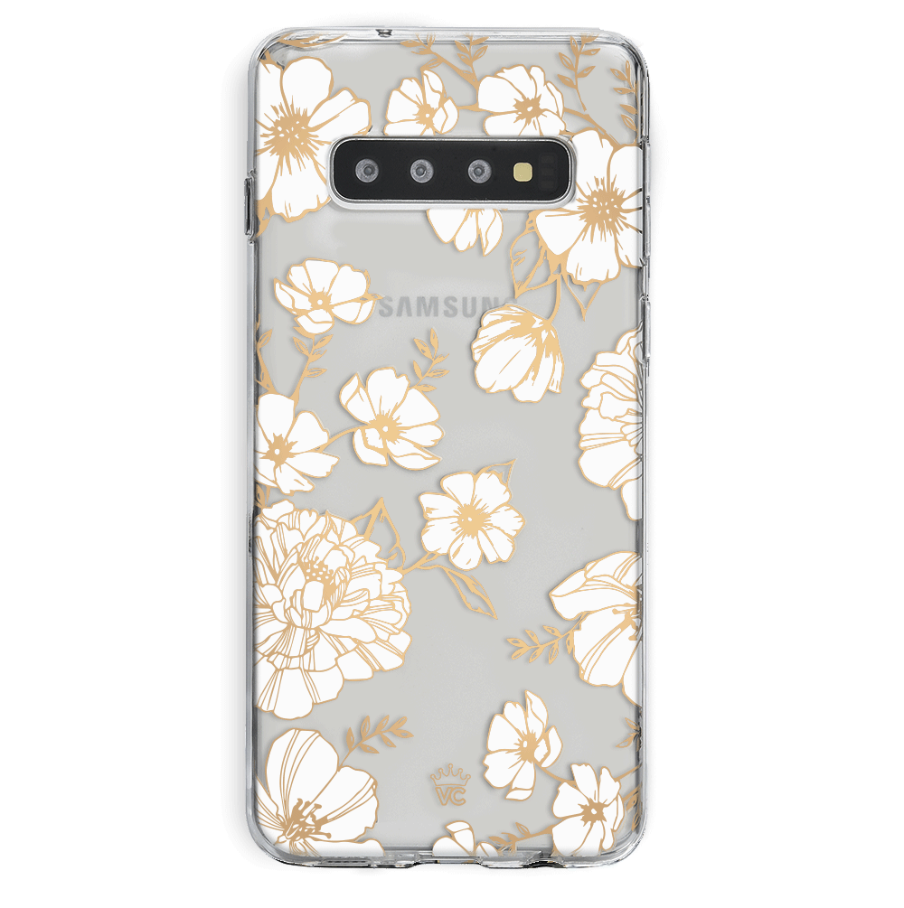 Elegant White and Gold Floral Clear Samsung Phone Case - Slim Protective Cover for Galaxy S21/S22/S23 - Perfect for Everyday Use, Travel & Gifting