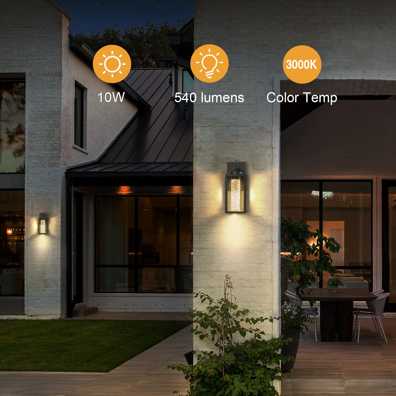 VIANIS 2 Pack Black Outdoor Wall Sconce Lights - 10W LED Modern Porch Lighting with Crystal Bubble Glass - Waterproof Exterior Light Fixtures for House, Garage, Patio (Perfect for Entryway, Garden & Pathway Illumination)