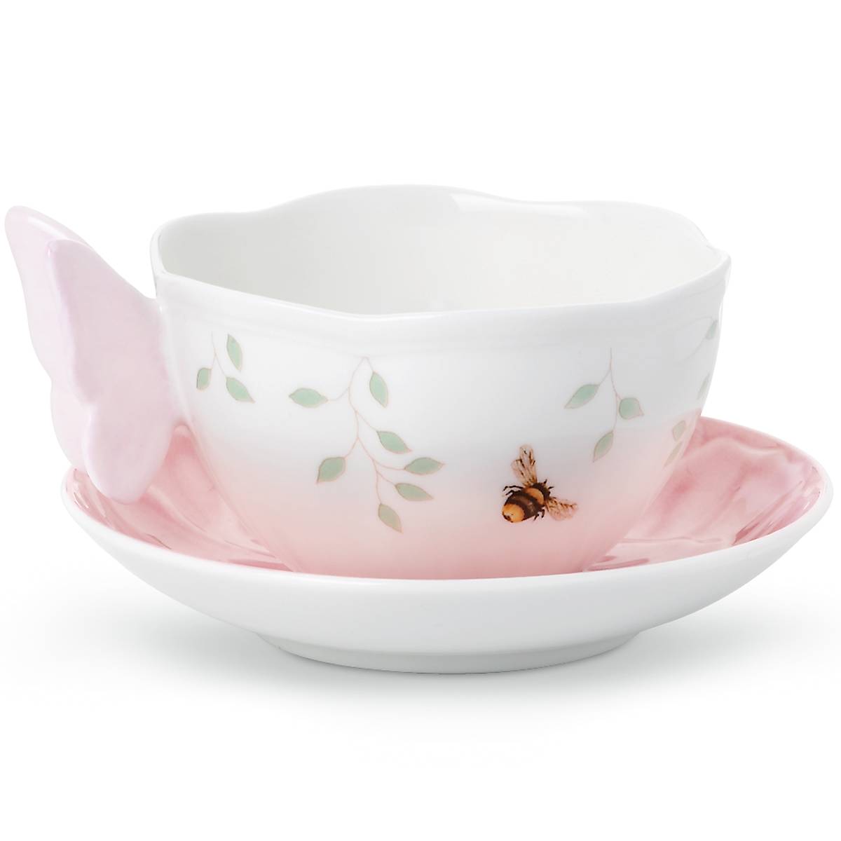 Butterfly Meadow Floral Pink Tea Cup and Saucer Set - Elegant Porcelain Tea Set for Afternoon Tea, Bridal Shower, and Home Decor