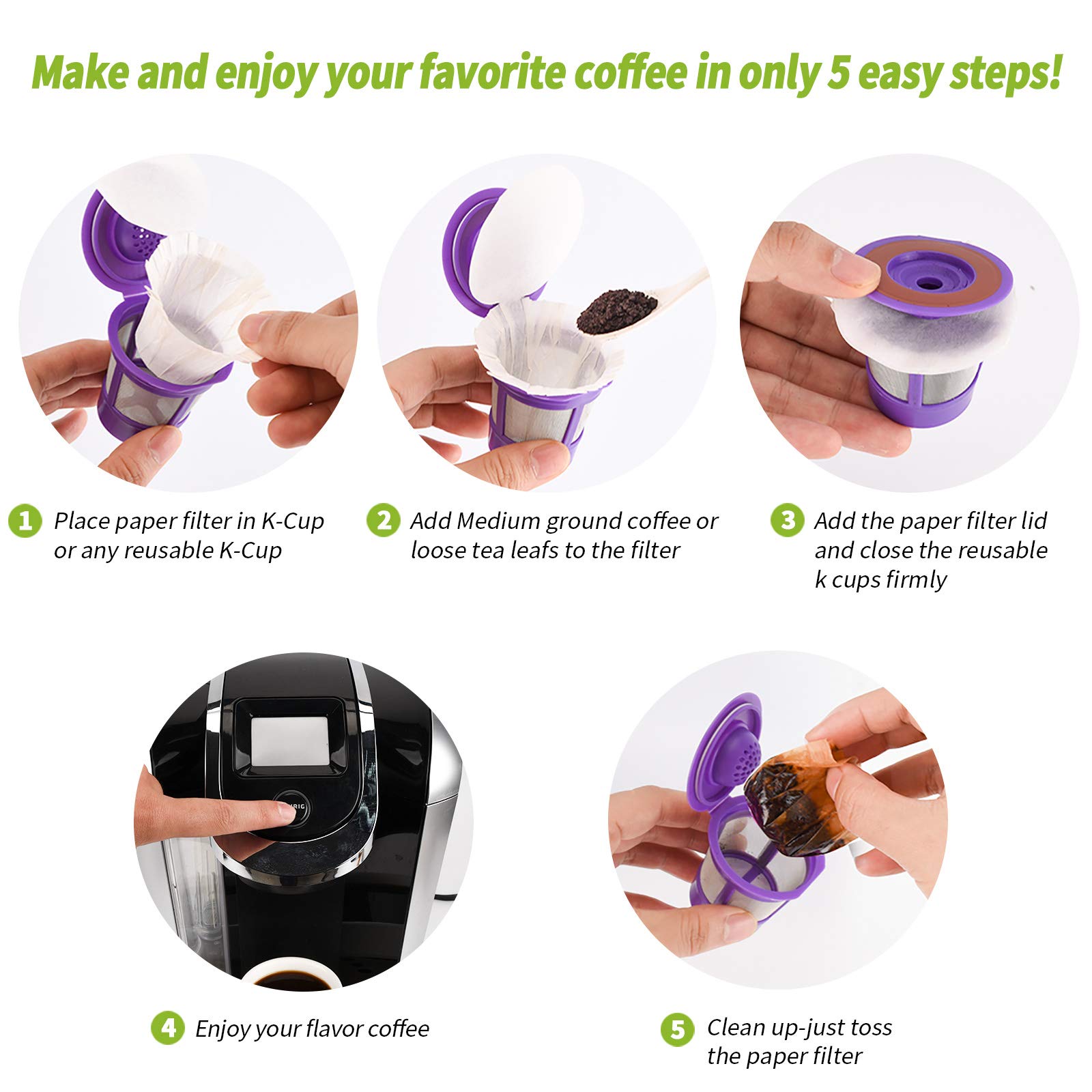Disposable K Cup Coffee Paper Filters with Lid - 100 Pack, Compatible with All Keurig Single Serve Coffee Makers & Reusable K Cups | Perfect for Home, Office, and Travel Use