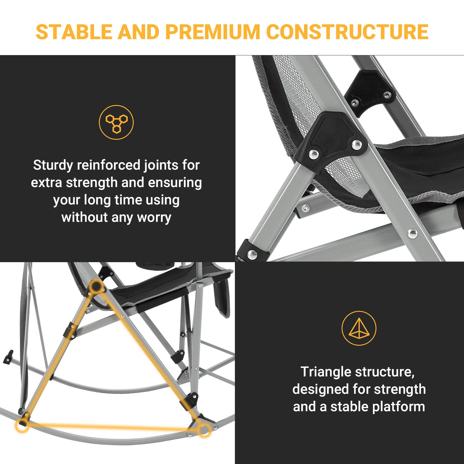 Portable Folding Rocking Chair for Adults - Lightweight Camping Chair for Outdoor, Beach, Travel, Picnic & Patio - Comfortable Foldable Rocker for Relaxing in Backyard, Garden or Lakeside (BlackGrey)