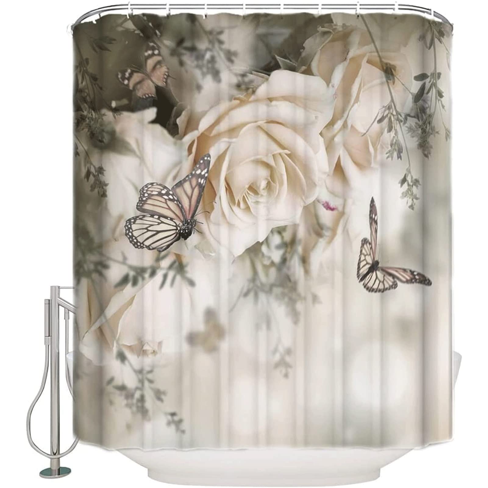 Waterproof Fabric Shower Curtain Liner with Rose Flower & Butterfly Design - 165x180cm Bathroom Decor for Home, Spa & Guest Room Use