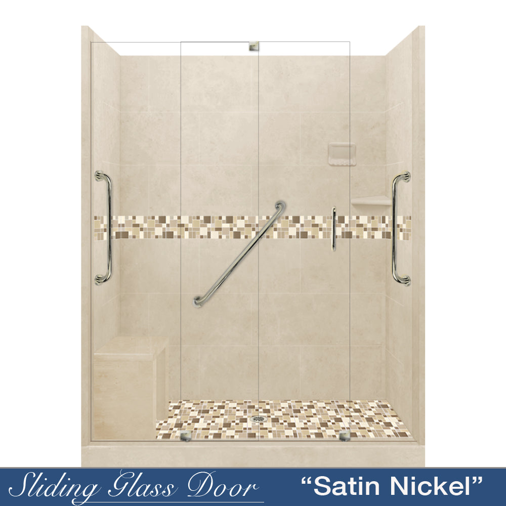 Freedom 60 Alcove Shower Kit - Desert Sand Sistine Stone & Tuscany Mosaic Tile Accent - DIY Shower Remodel for Bathroom Renovation | Perfect for Home Upgrade and Bathroom Makeover Projects
