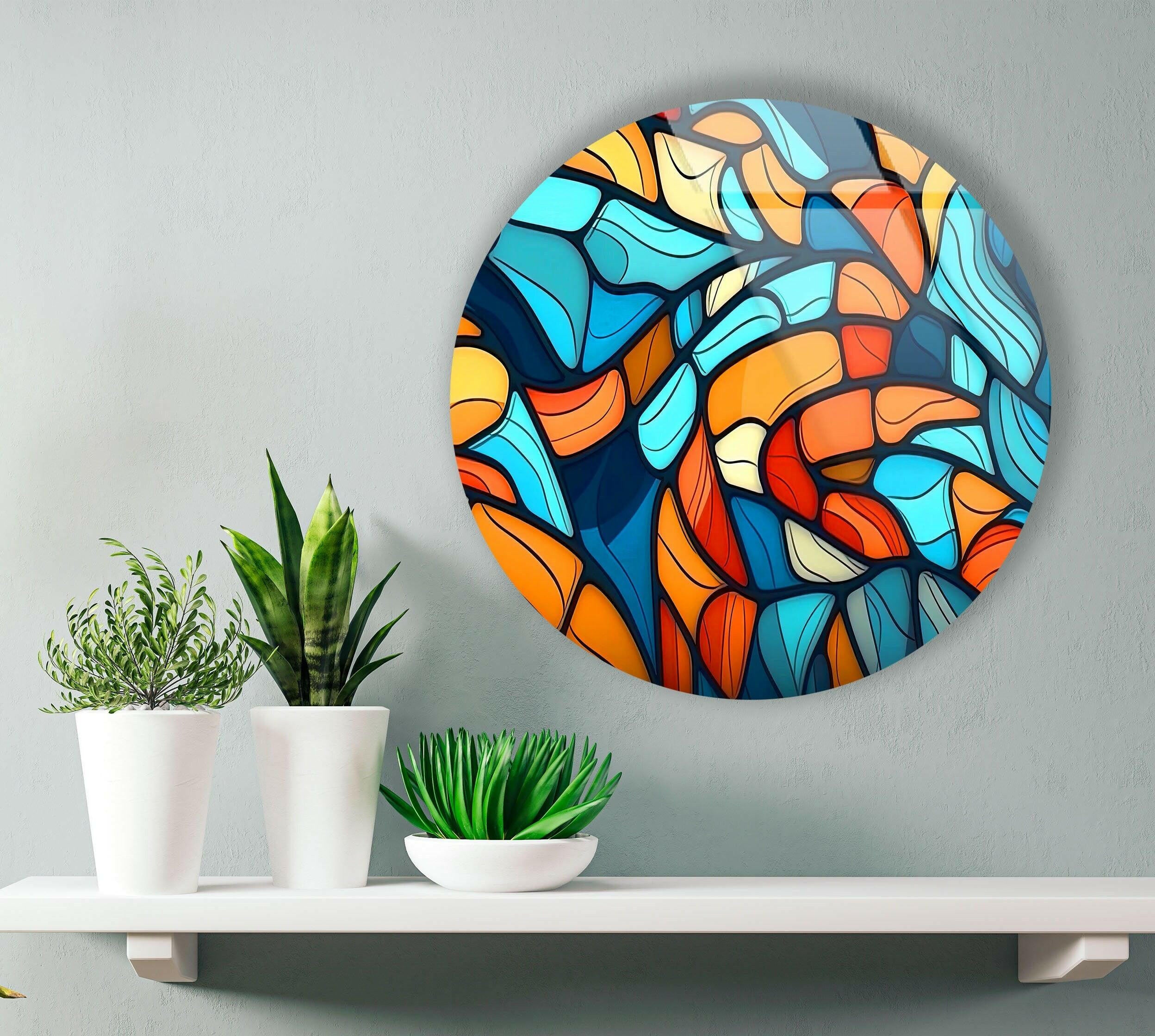 Vibrant Blue & Orange Mosaic Round Glass Wall Art - Handmade Decorative Mirror for Living Room, Bedroom, or Bathroom Décor