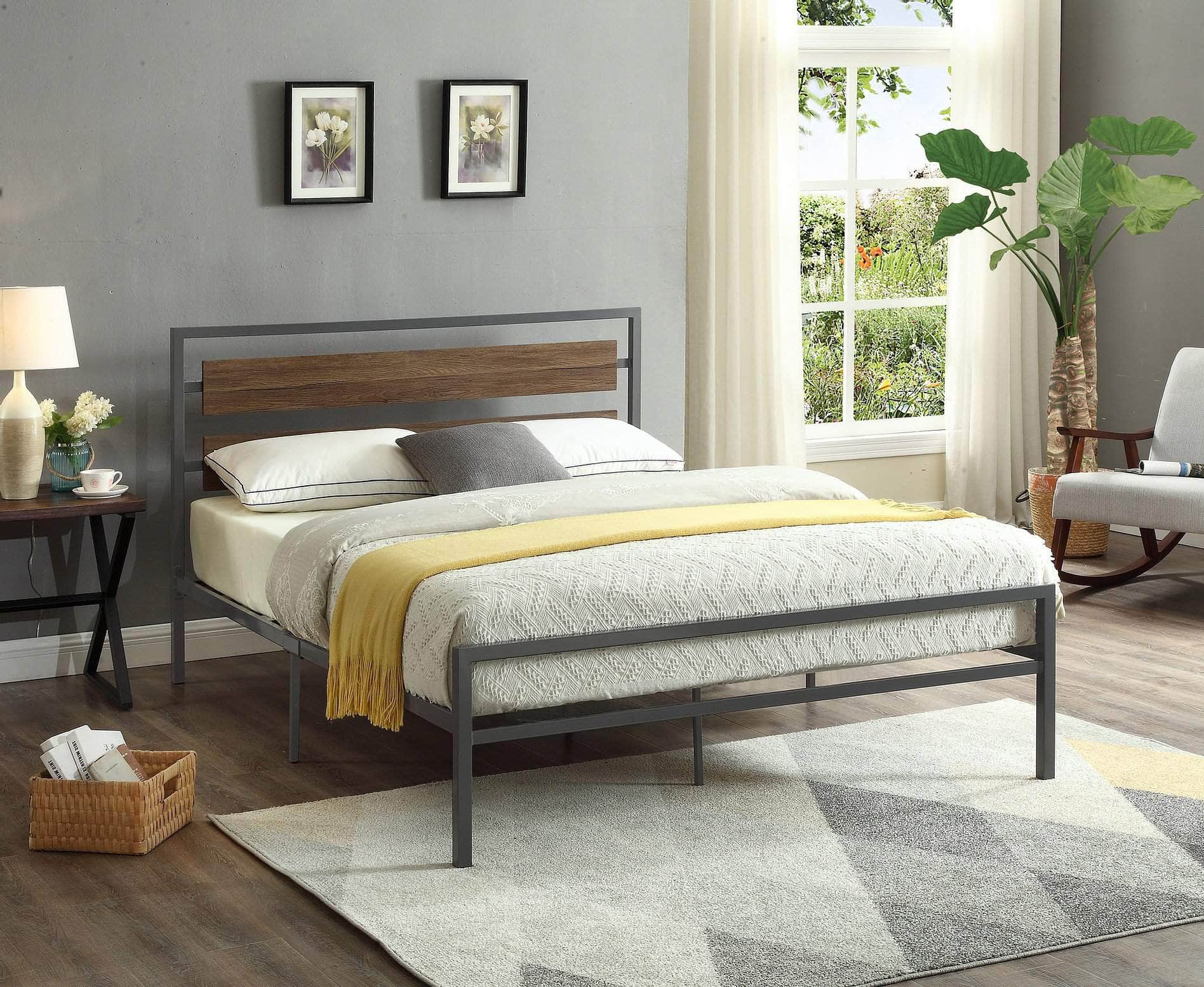 Vernon Solid Wood Platform Bed Frame with Steel Support - Queen, King, Full Size - Modern Minimalist Bedroom Furniture for Home & Apartment