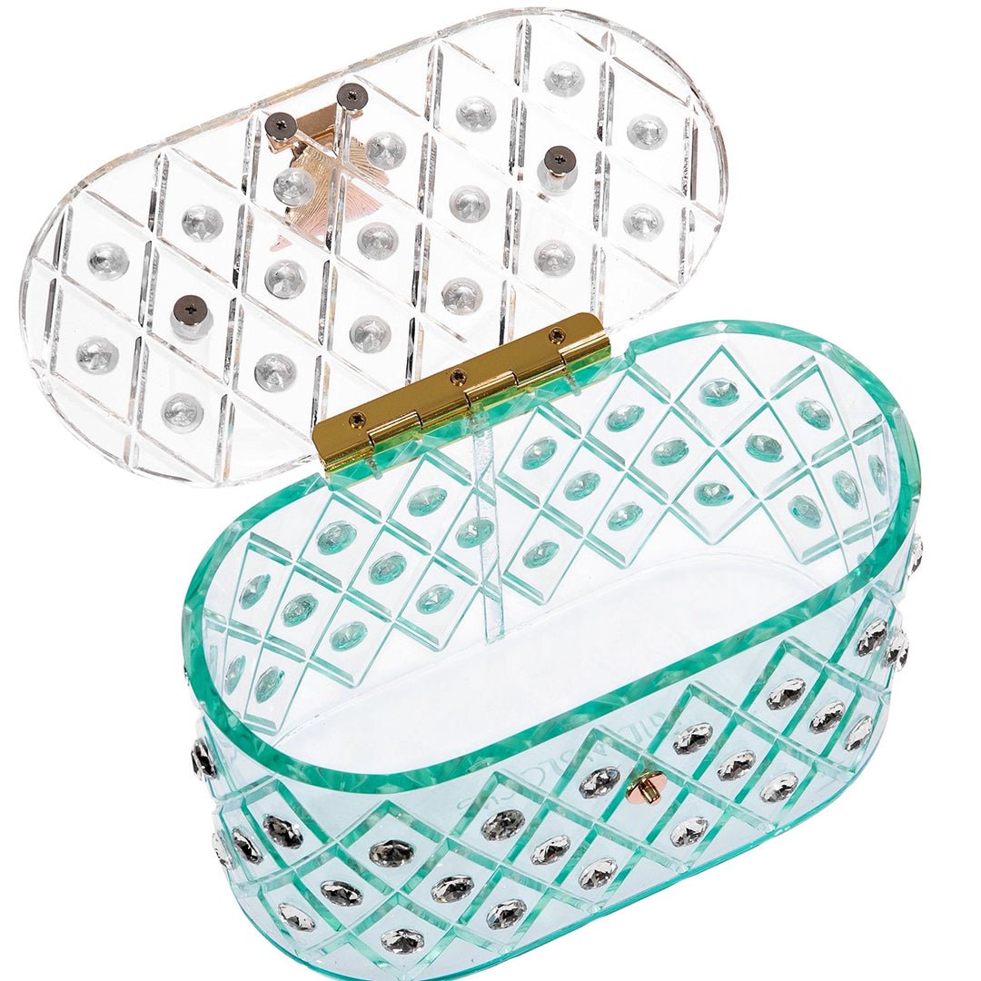 Vintage 1950s Spearmint Green Acrylic Box Clutch Handbag - Retro Crystal Clear Evening Bag for Women - Perfect for Cocktail Parties, Weddings & Formal Events
