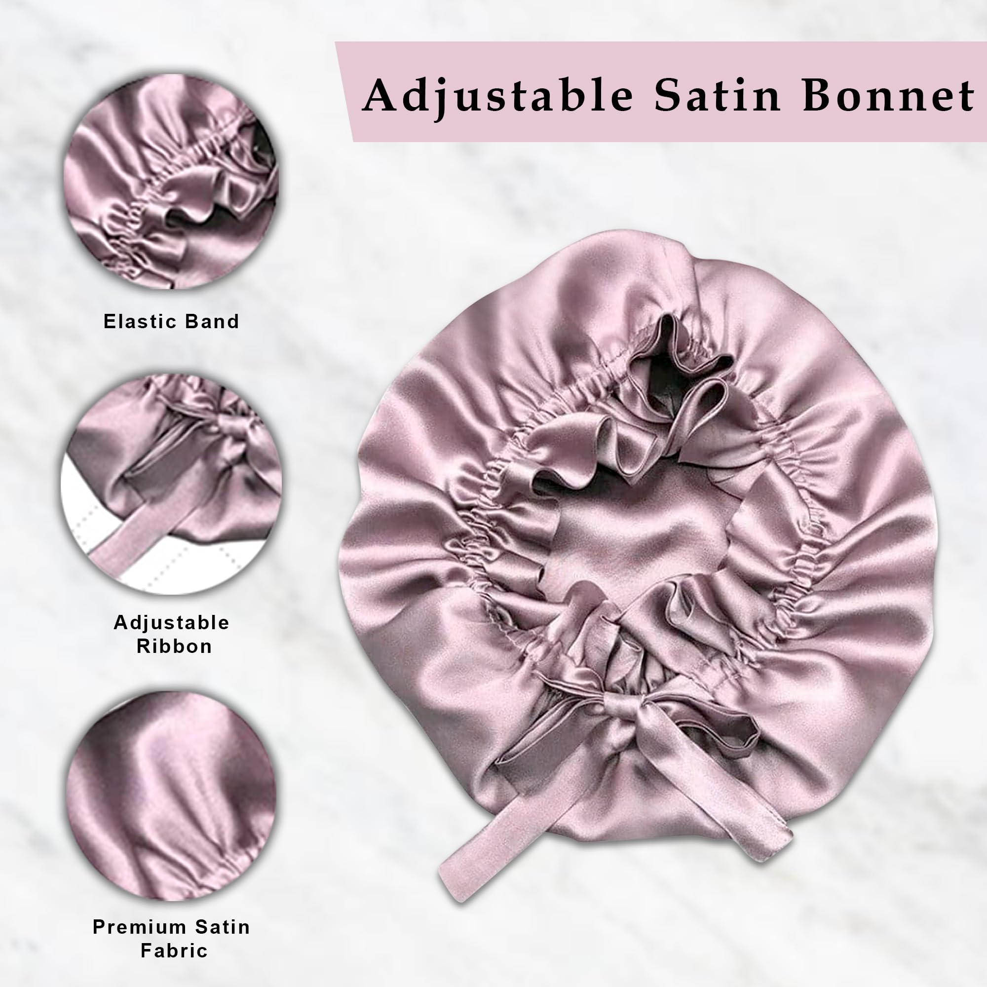 GLUN® Satin Rose Bonnet Hair Protector with 3 Scrunchies - Soft Sleep Cap for Frizz Control, Moisture Retention & Hair Breakage Prevention - Ideal for Curly, Natural & Protective Hairstyles - Perfect for Nighttime, Travel & Salon Visits