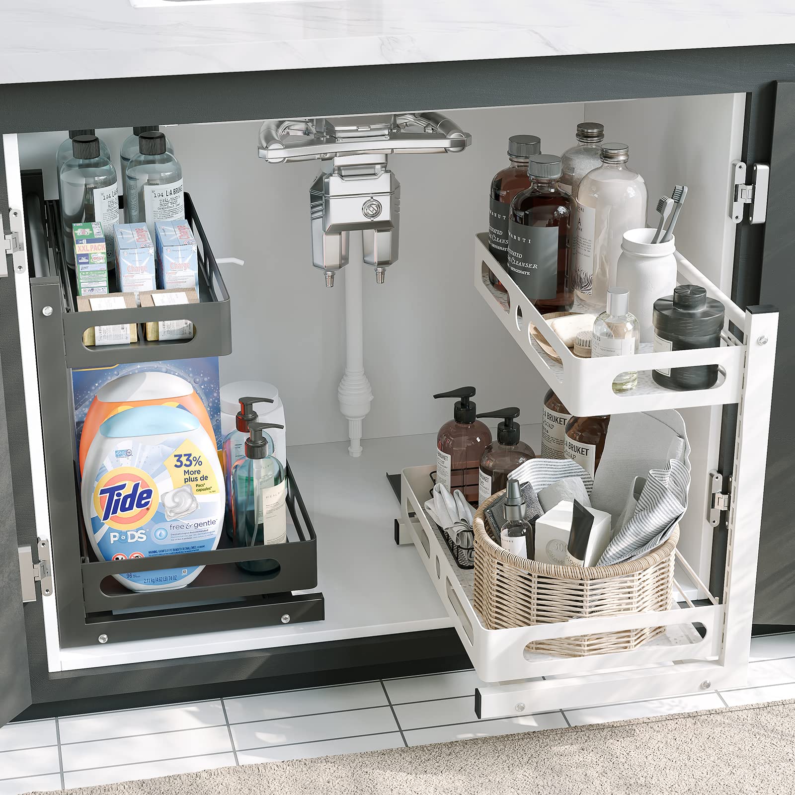 NETEL 2-Pack Under Sink Organizers - Metal Pull-Out Cabinet Storage with 4 Hooks, Kitchen Cupboard Shelf & Sliding Drawers for Bathroom - Perfect for Small Space Organization in Kitchens, Bathrooms & Laundry Rooms