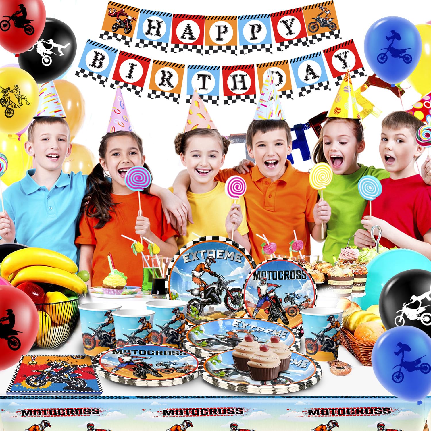 Motorcycle Party Supplies Set for 10 Guests - Plates, Cups, Balloons for Motocross Theme Birthday Decorations