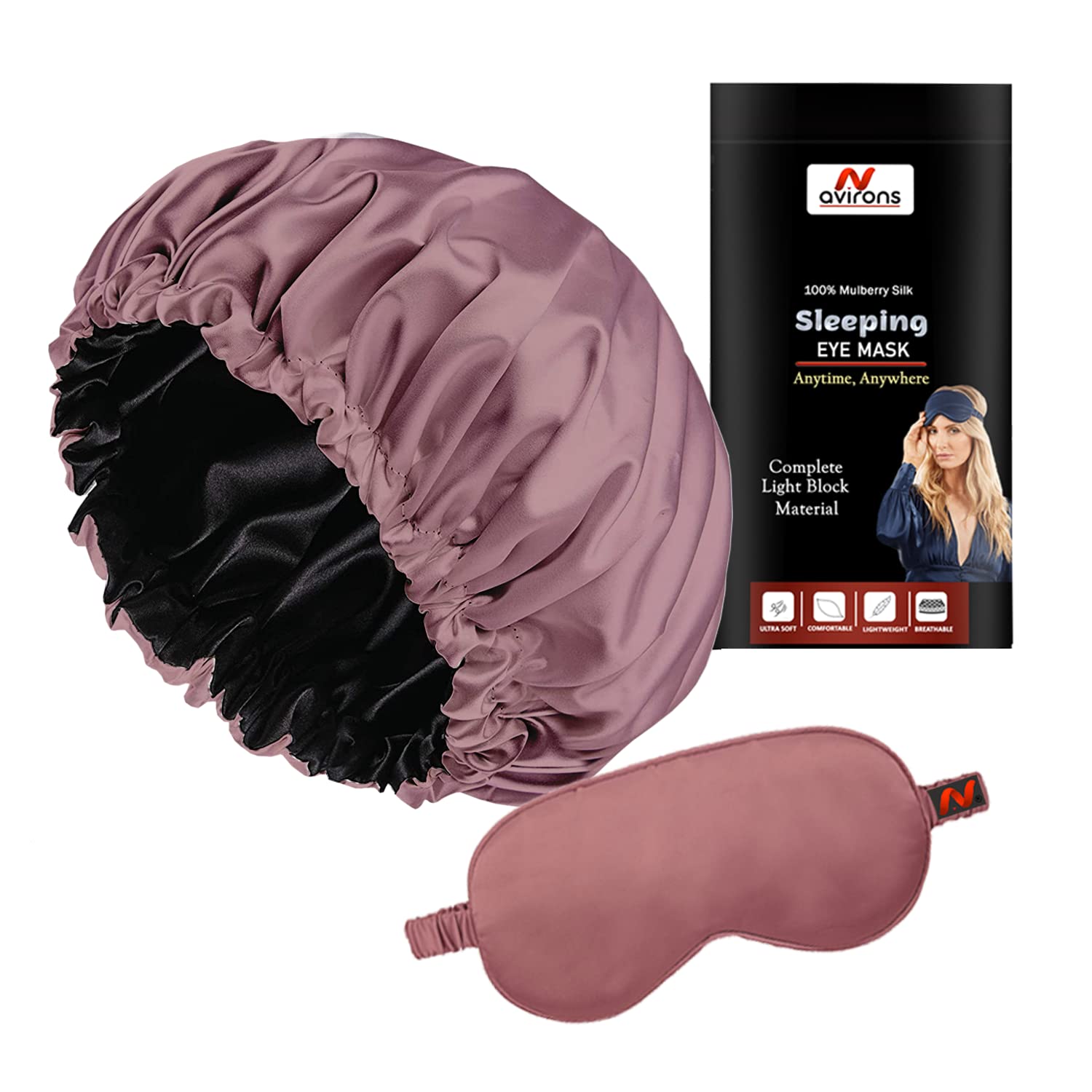 Avirons Reversible Silk Satin Sleep Bonnet with Adjustable Eye Mask | Pure Satin Hair Cap for Women & Girls | Soft Sleeping Bonnet for Curly, Natural & Protective Hairstyles | Perfect for Nighttime Hair Care & Travel Accessories