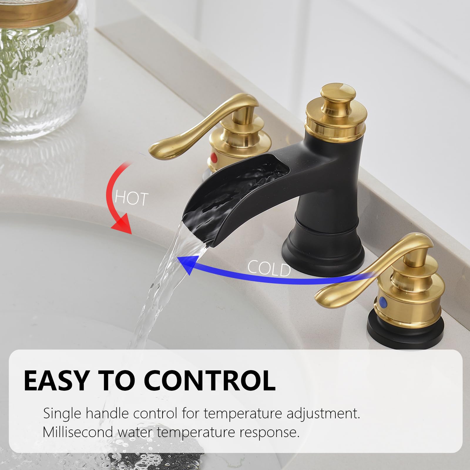Black Gold Widespread Bathroom Faucet - 3 Hole Waterfall Sink Faucet with 2-Handle Design & Pop-Up Drain - Farmhouse Vanity Lavatory Set with Overflow - Perfect for Modern & Rustic Bathroom Decor