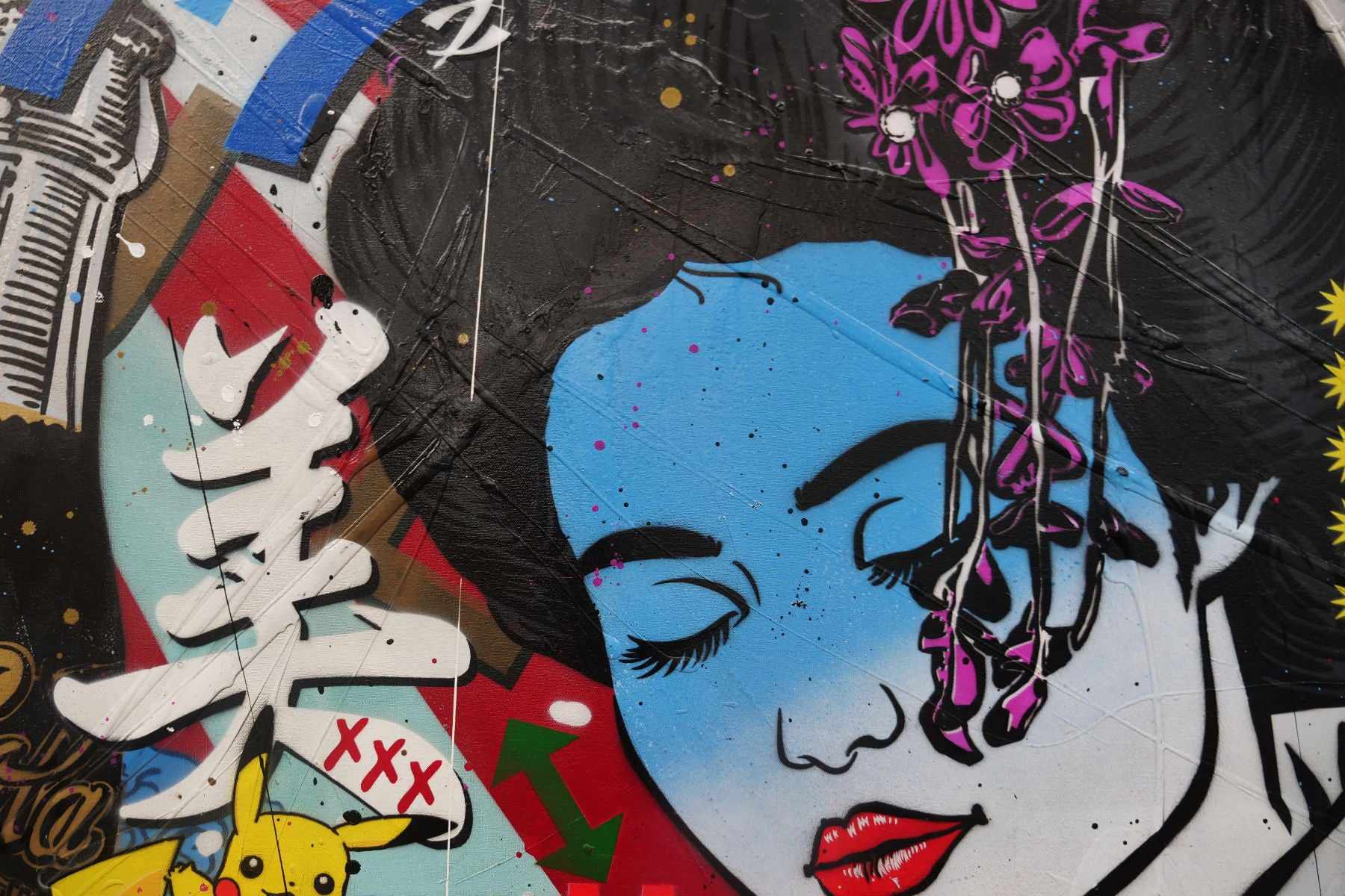 Modern Pop Geisha Wall Art - 47x59 Inch Textured Canvas Painting, Japanese Urban Pop Art Decor for Living Room & Bedroom