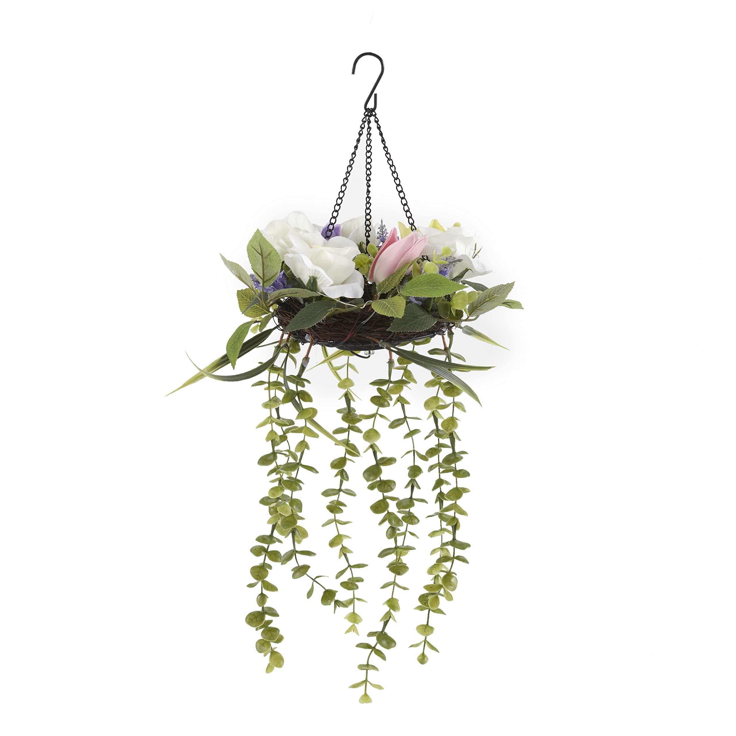 Solar Hanging Flower Arrangement - Greenery with LED Lights for Spring - Outdoor Garden Decor, Patio, Balcony