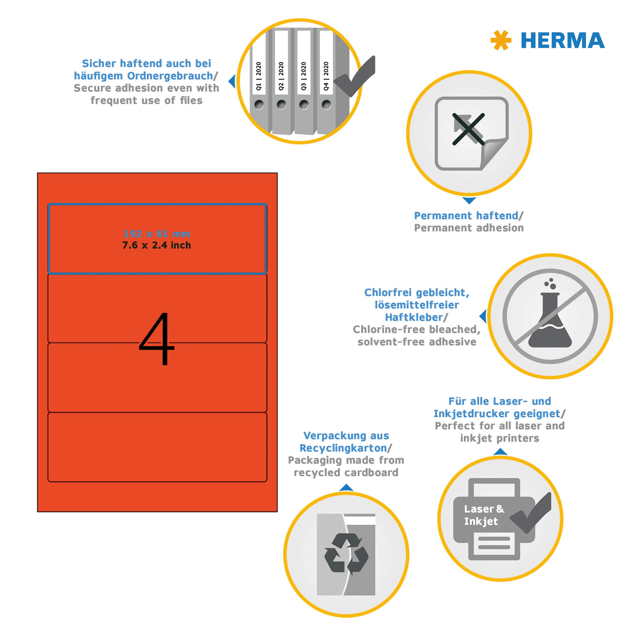 HERMA Self Adhesive Spine Labels - 80 Blank Lever Arch File Folder Stickers (4 Labels per A4 Sheet, 20 Sheets, 192x61mm) - Compatible with Laser & Inkjet Printers - Red - Perfect for Office Organization, File Classification & Document Management