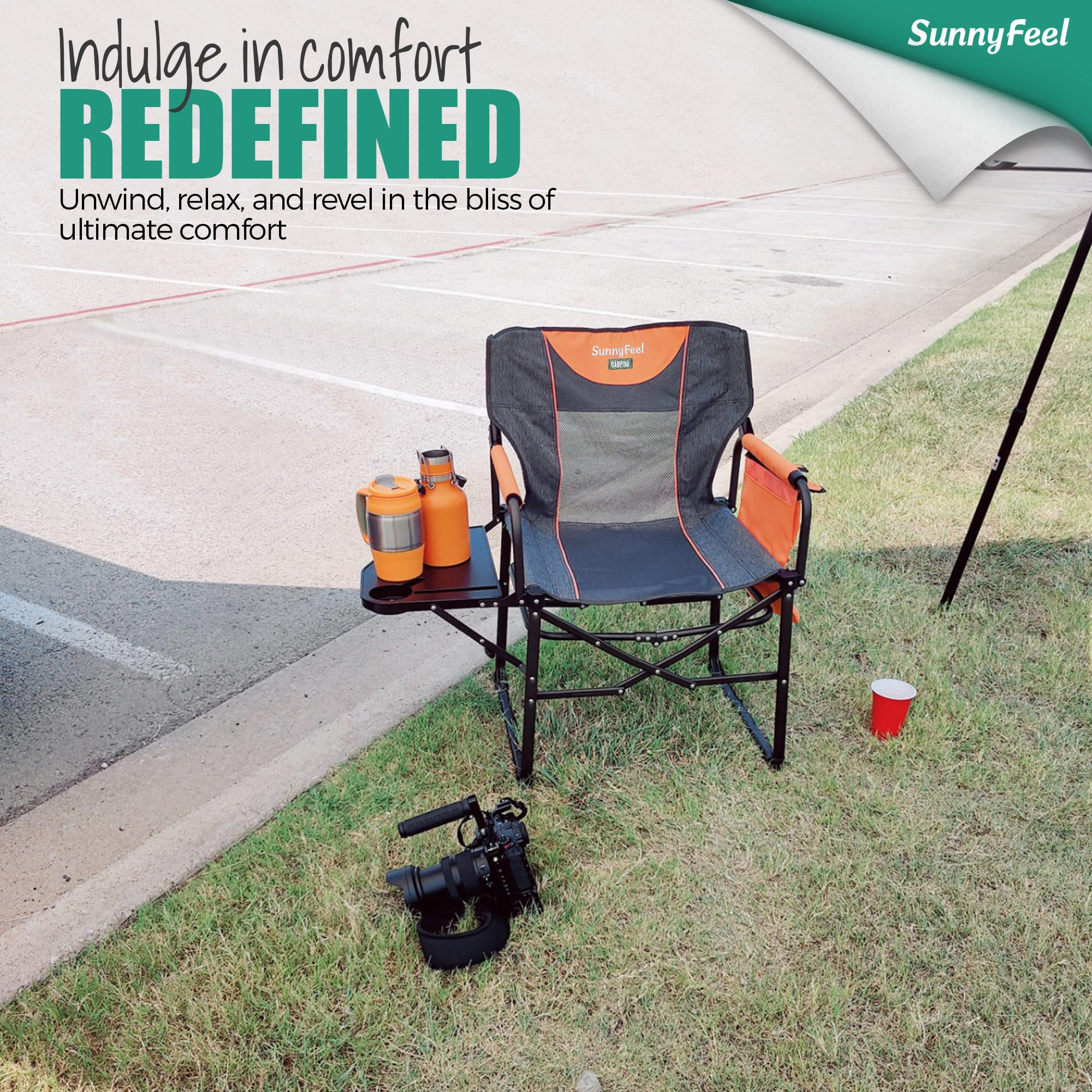 **SUNNYFEEL Oversized Heavy Duty Camping Director's Chair - Portable Folding Lawn Chair with Side Table & Storage Pocket for Adults - Perfect for Beach, Fishing, Picnic, Concert, Tailgating & Outdoor Adventures**