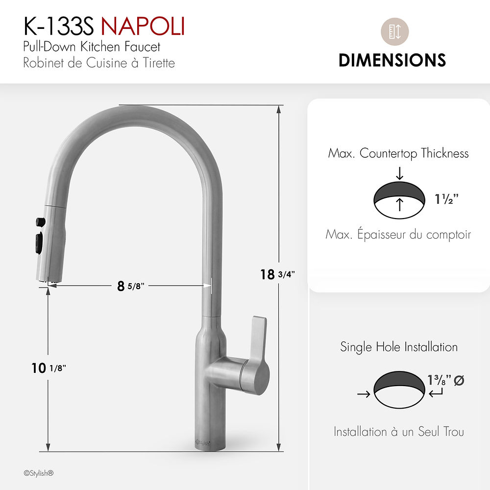Stylish Napolo Single Handle Pull Down Kitchen Faucet - Modern Brushed Nickel Finish for Easy Cooking & Dishwashing | Perfect for Home Kitchen Remodeling