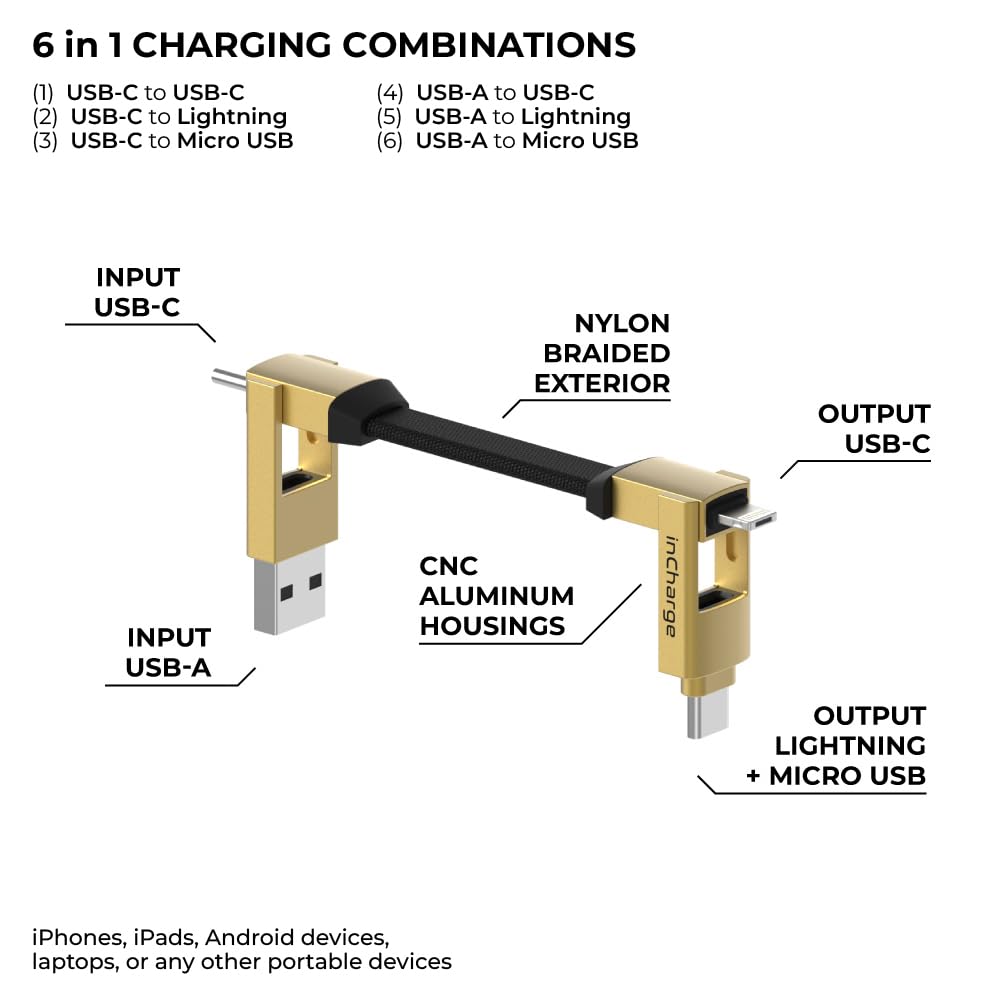 Rolling Square inCharge 6 - 6-in-1 Universal Charging Cable with USB-C & Lightning Connectors | 15W Fast Charging Cable for iPhone, Android Smartphones | Perfect for Travel, Home & Office Use (Gold)