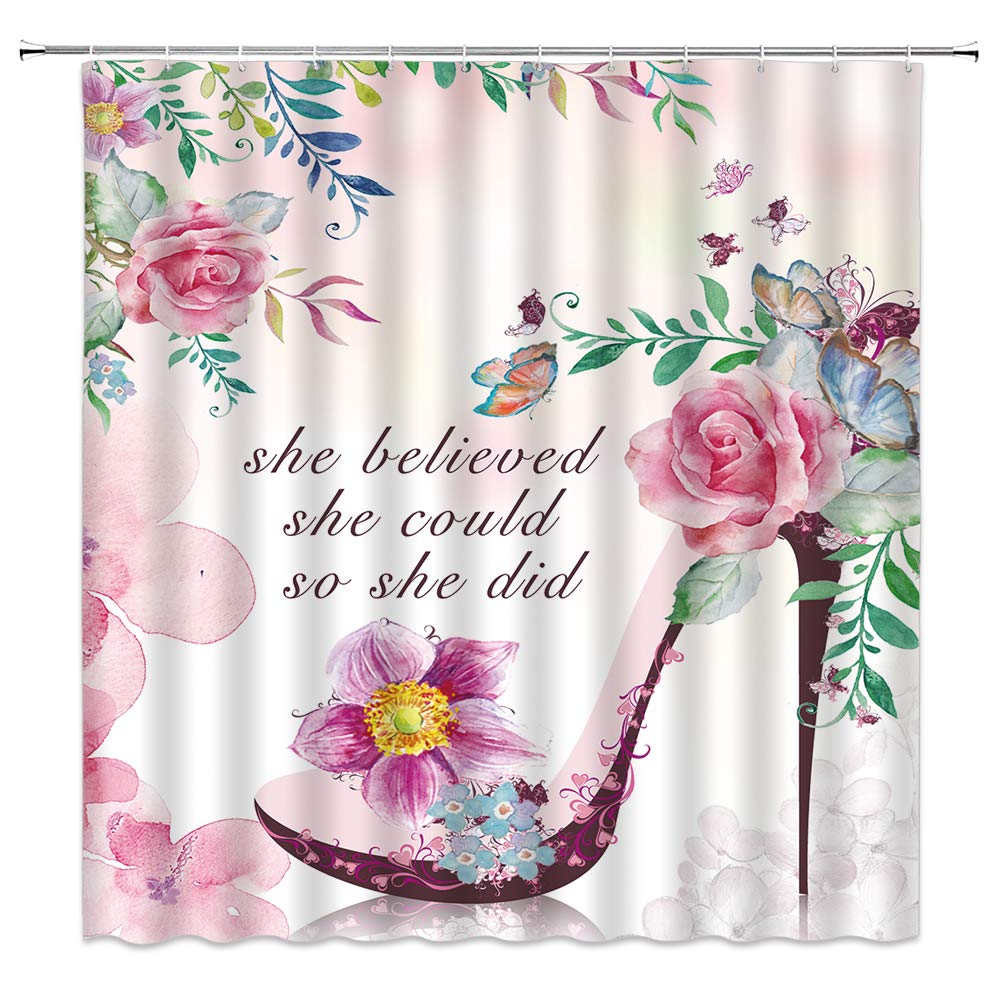 Fairytale Girl High Heels Shower Curtain with Butterfly & Floral Design - Pink Romantic Bathroom Decor for Women, Includes Hooks - Perfect for Spring Home Refresh & Gift Giving