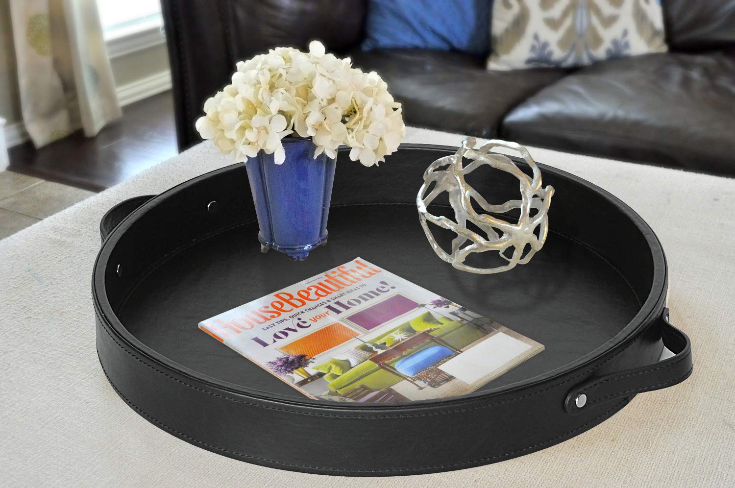 HofferRuffer 14.6-inch Round PU Leather Serving Tray with Handles - Decorative Vanity Catchall Tray, Coffee Table Tray for Home & Office (Black) | Perfect for Serving Drinks, Organizing Jewelry, or Displaying Decor