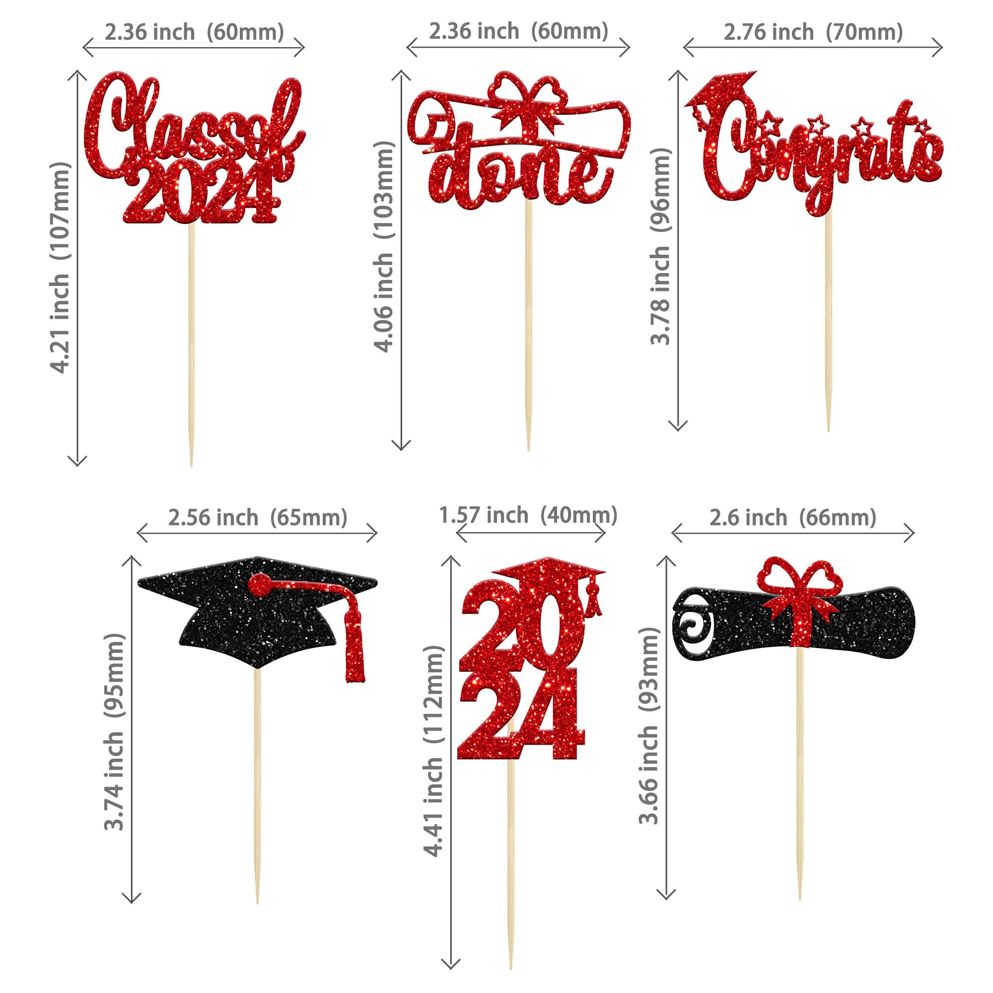 24 PCS 2025 Graduation Cupcake Toppers - Glitter Congrats Grad Cap & Diploma Cake Decorations - Red - Perfect for 2025 Graduation Party, School Celebration & Cake Decorating Supplies
