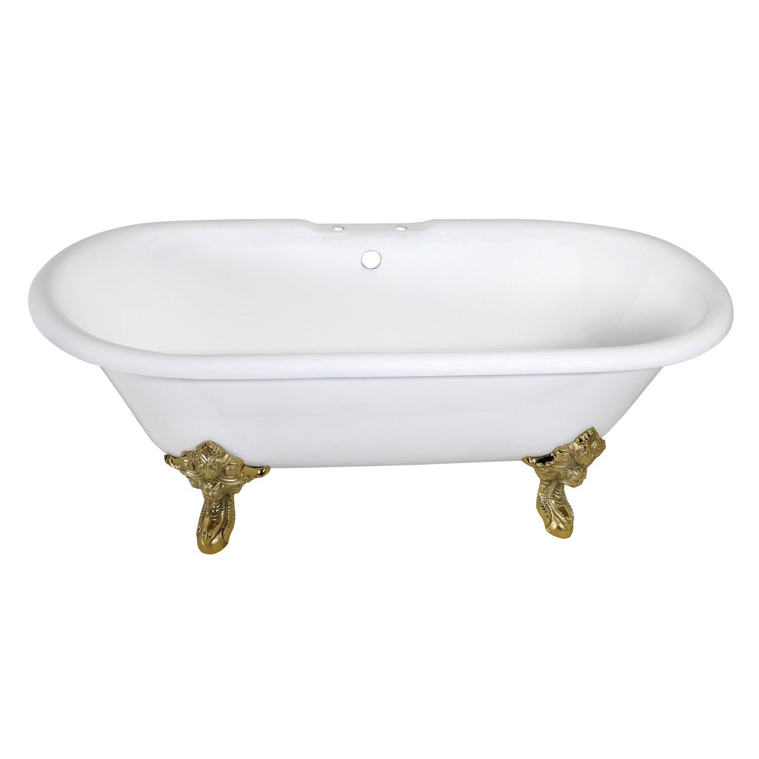 Aqua Eden 72 Inch White Cast Iron Clawfoot Bathtub with Polished Brass Feet - Double Ended Oval Freestanding Soaking Tub (7 Inch Faucet Drillings) for Vintage Bathroom & Luxury Spa Retreat
