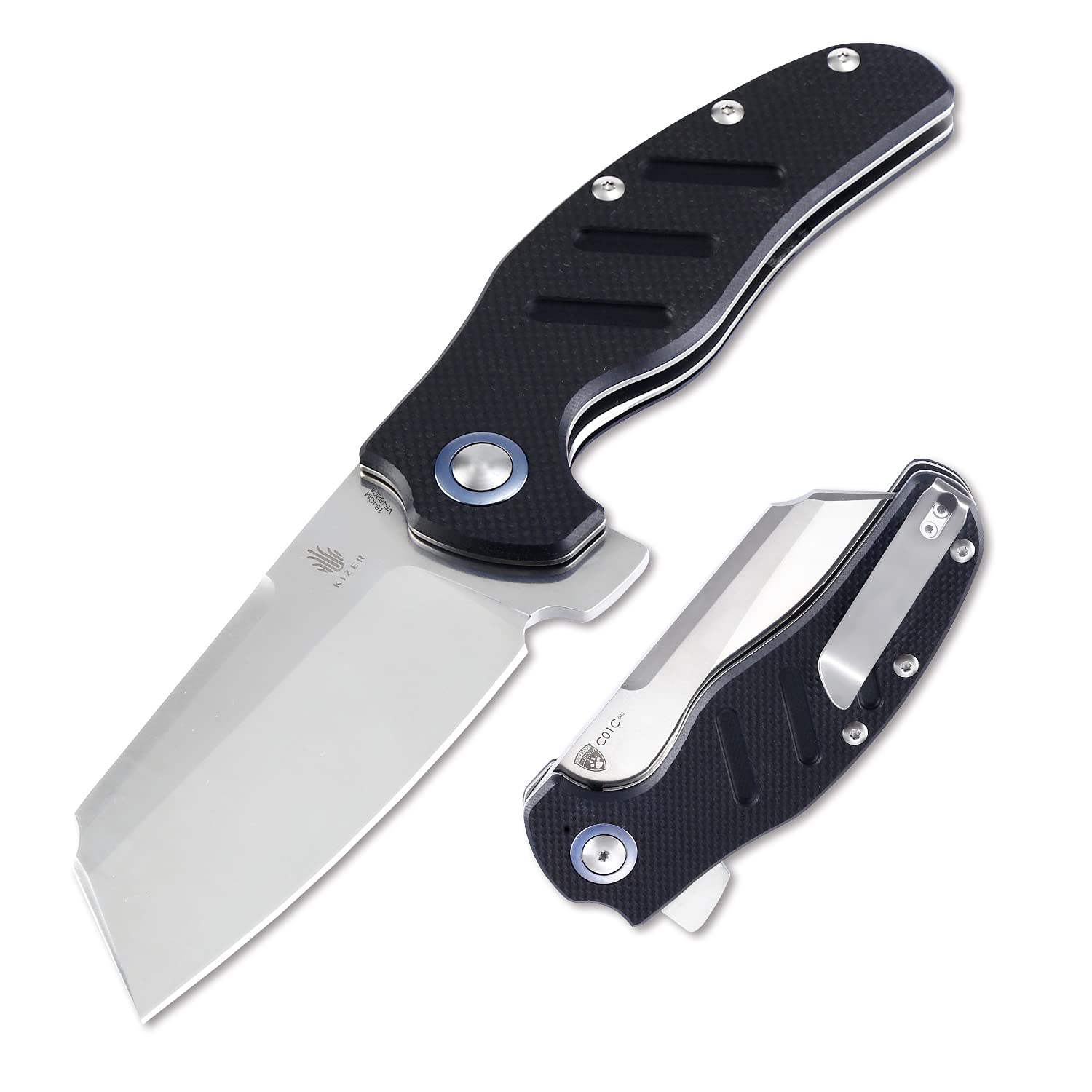 Kizer Sheepdog XL C01C Folding Knife - Black G10 Handle, Pocket Clip, EDC Tactical Knife for Outdoor Camping, Hiking & Everyday Carry