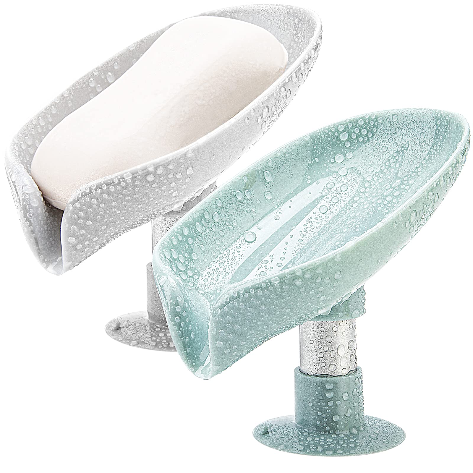 2 Pack Leaf-Shaped Soap Holder with Suction Cups - Self Draining, Non-Slip Bar Soap Dish for Shower, Bathroom, Kitchen Sink - Easy to Clean, Modern Grey & Green Design - Perfect for Bath Essentials Organization and Small Space Saving