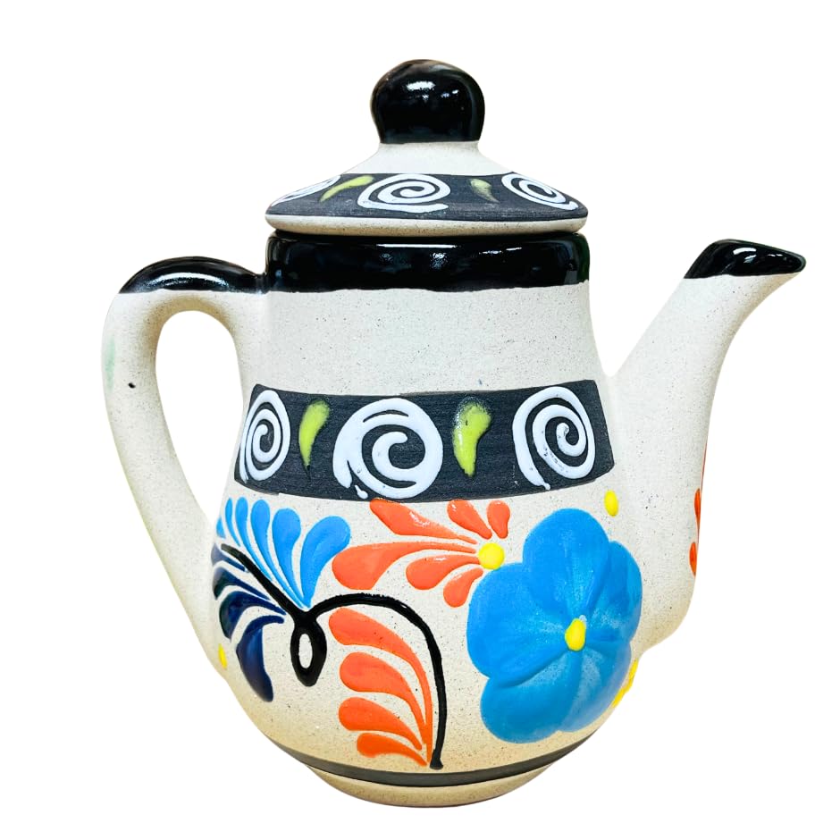 Handmade Mexican Clay Coffee Pot - Traditional Cafetera De Barro Decorated - Authentic Mexican Kitchen & Home Decor - Perfect for Brewing Rich Coffee & Display (Black)