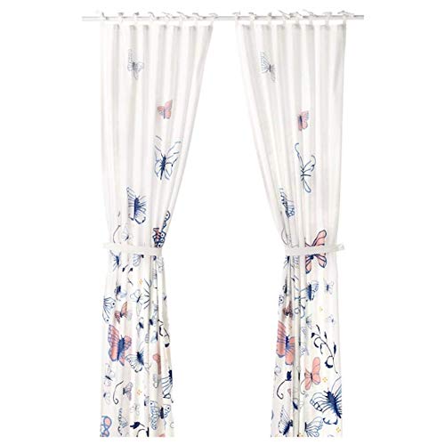 IKEA Sanglarka Curtains with Tie-Backs - 1 Pair Butterfly Pattern White & Blue Window Drapes 47x98 Inches (504.270.19) for Living Room & Bedroom Decor