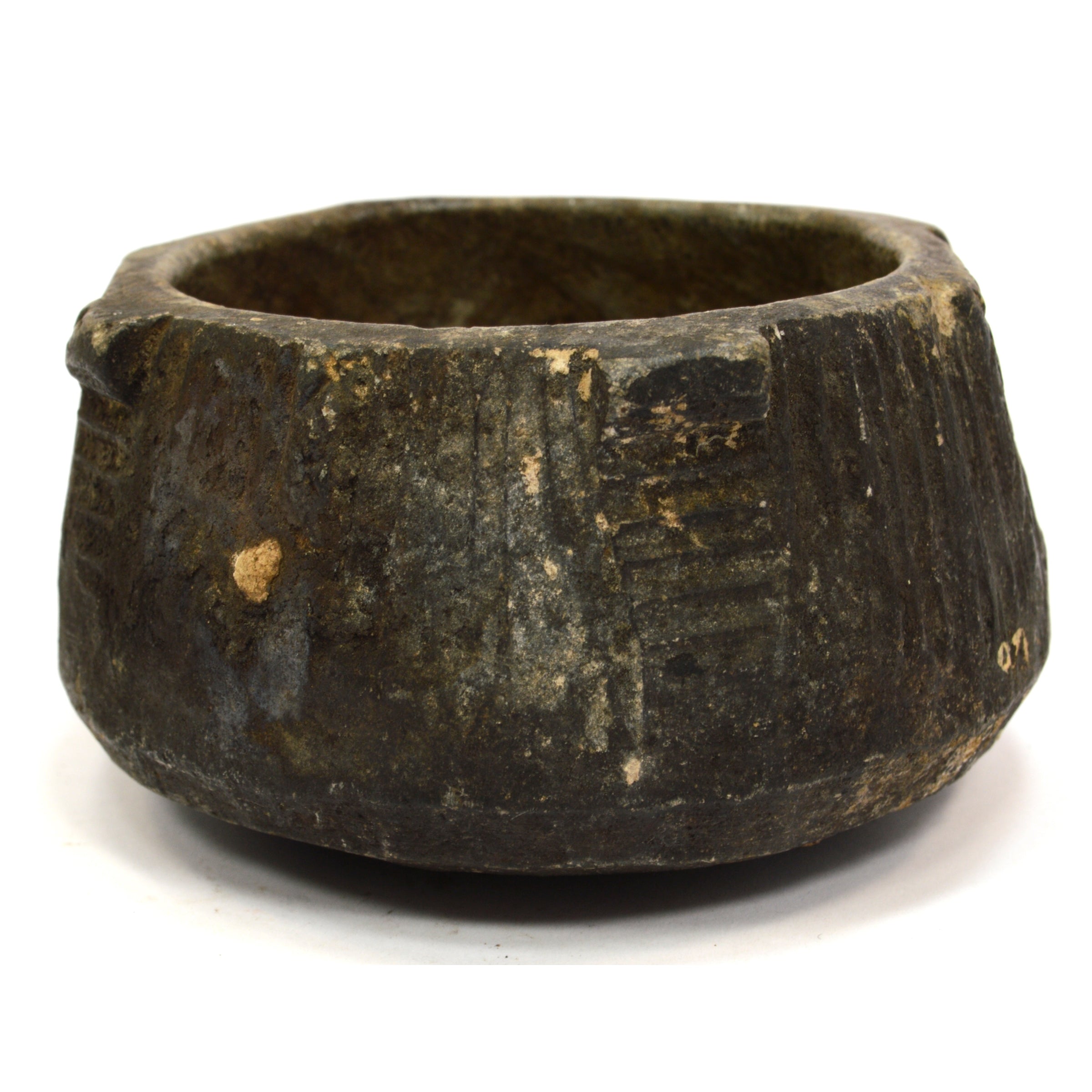 Ancient Pre-Columbian Steatite Bowl - Hand-Carved Black Soapstone with Nubs & Ribbed Design - Authentic Artifact for Home Decor, Meditation & Collectors