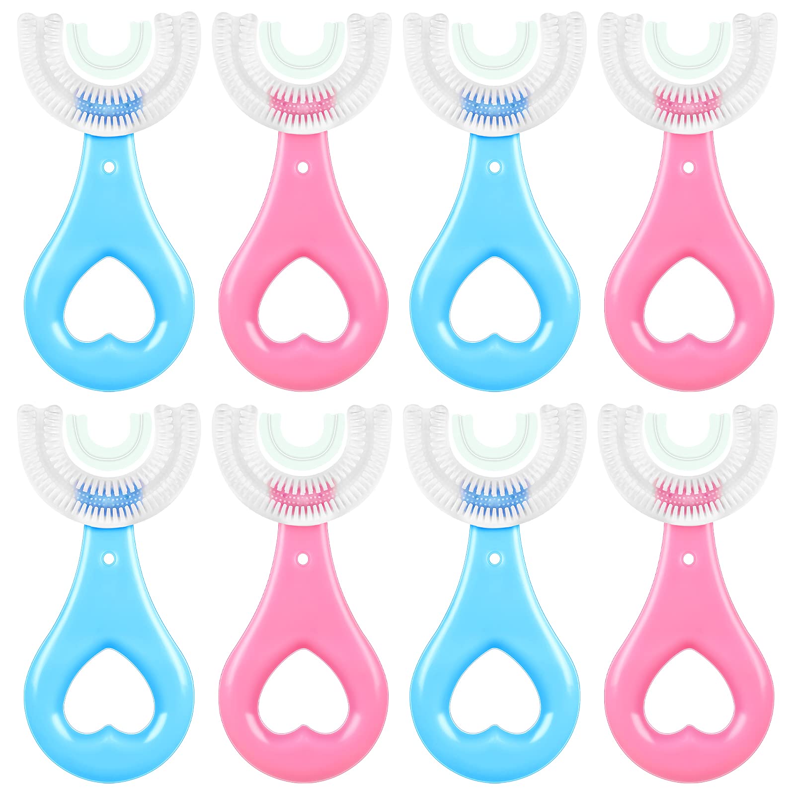 8-Pack Kids U-Shaped Toothbrushes - Soft Silicone Brush Head for Gentle Teeth Whitening & Gum Massage | 360° Full Mouth Cleaning | Training Toothbrush for Toddlers (Blue, Pink, Heart Handle) | Perfect for Early Dental Care & Oral Hygiene Routine